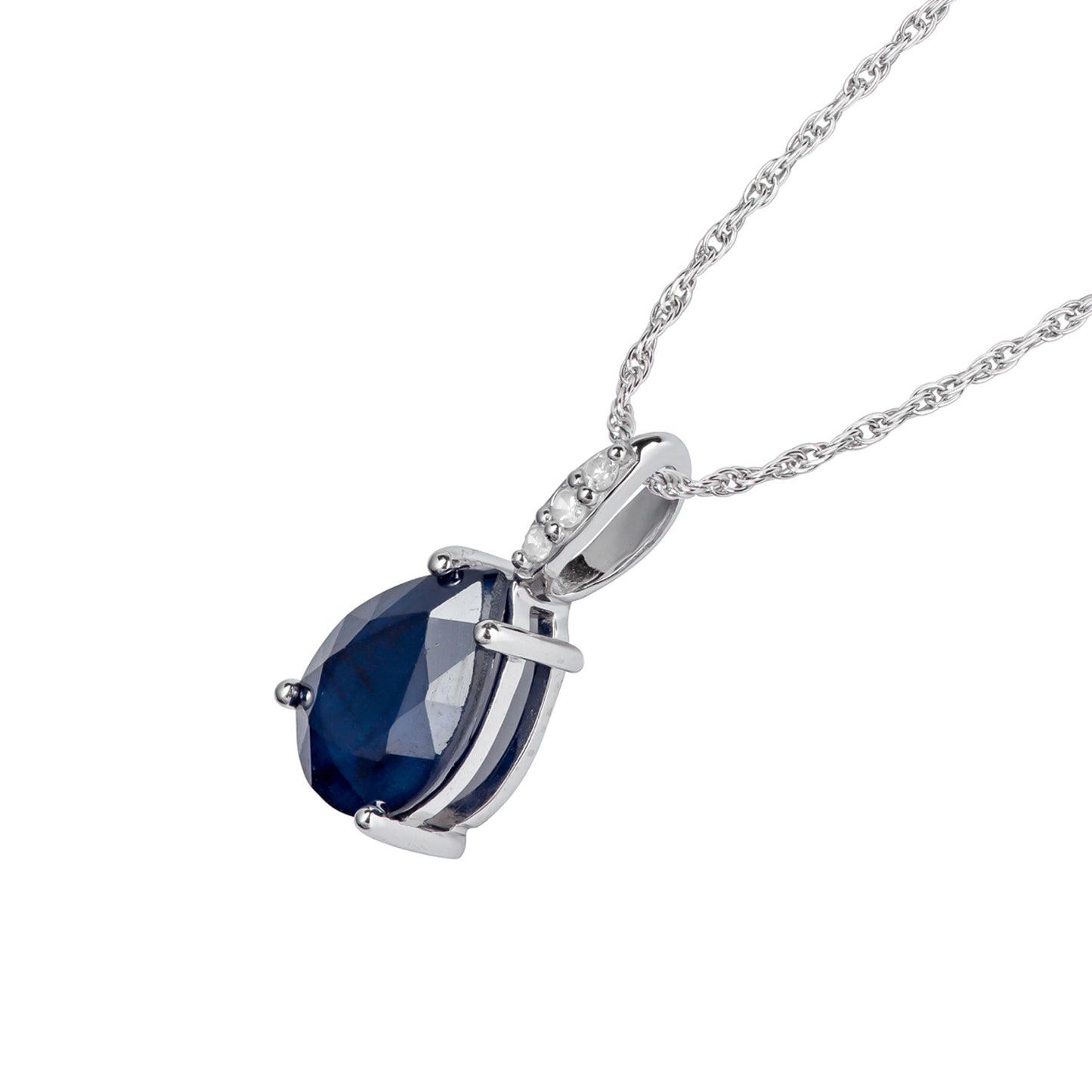 10k White Gold Genuine Pear Shape Sapphire and Diamond Teardrop Pendant Necklace