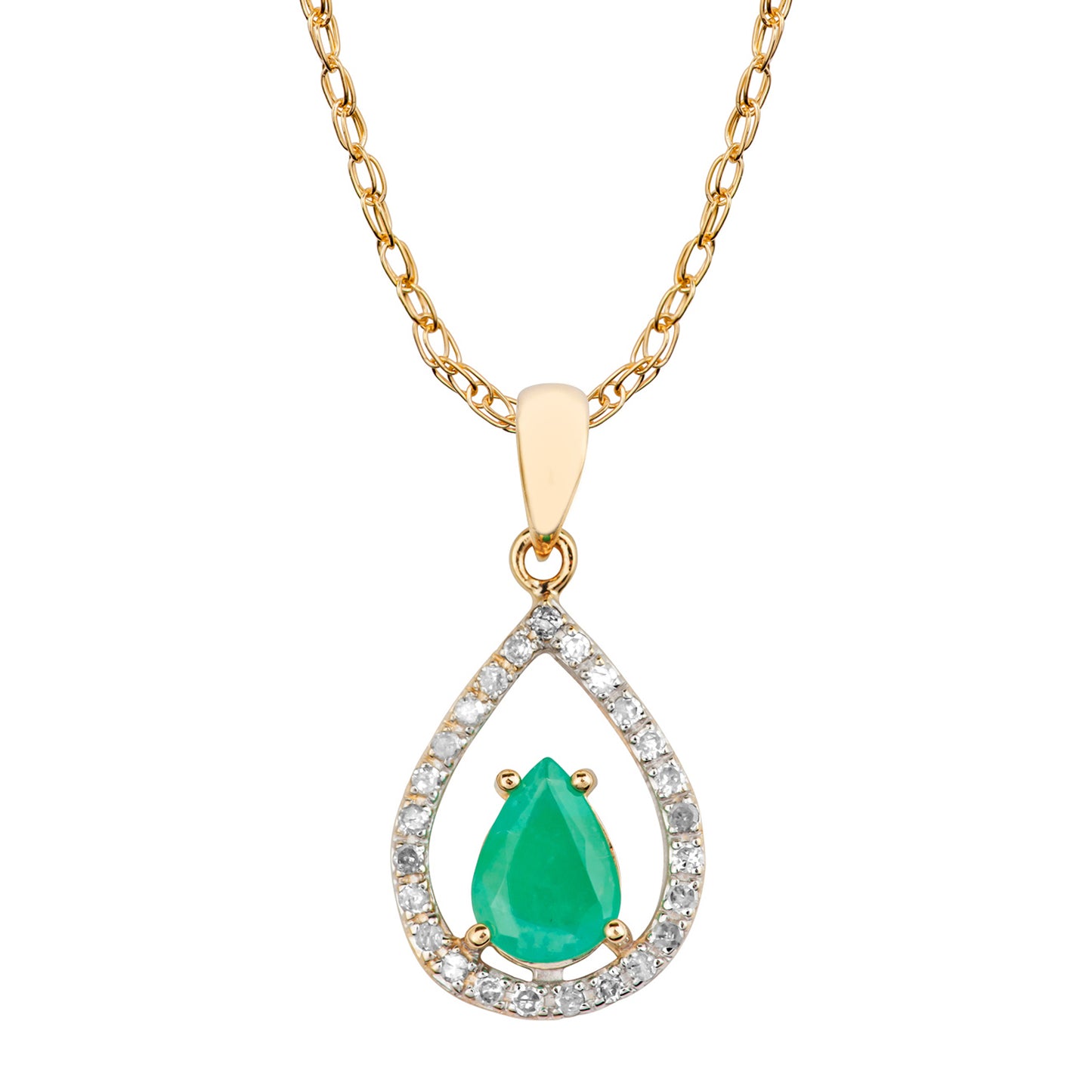 10k Yellow Gold Genuine Pear Shape Emerald and Diamond Halo Teardrop Pendant Necklace