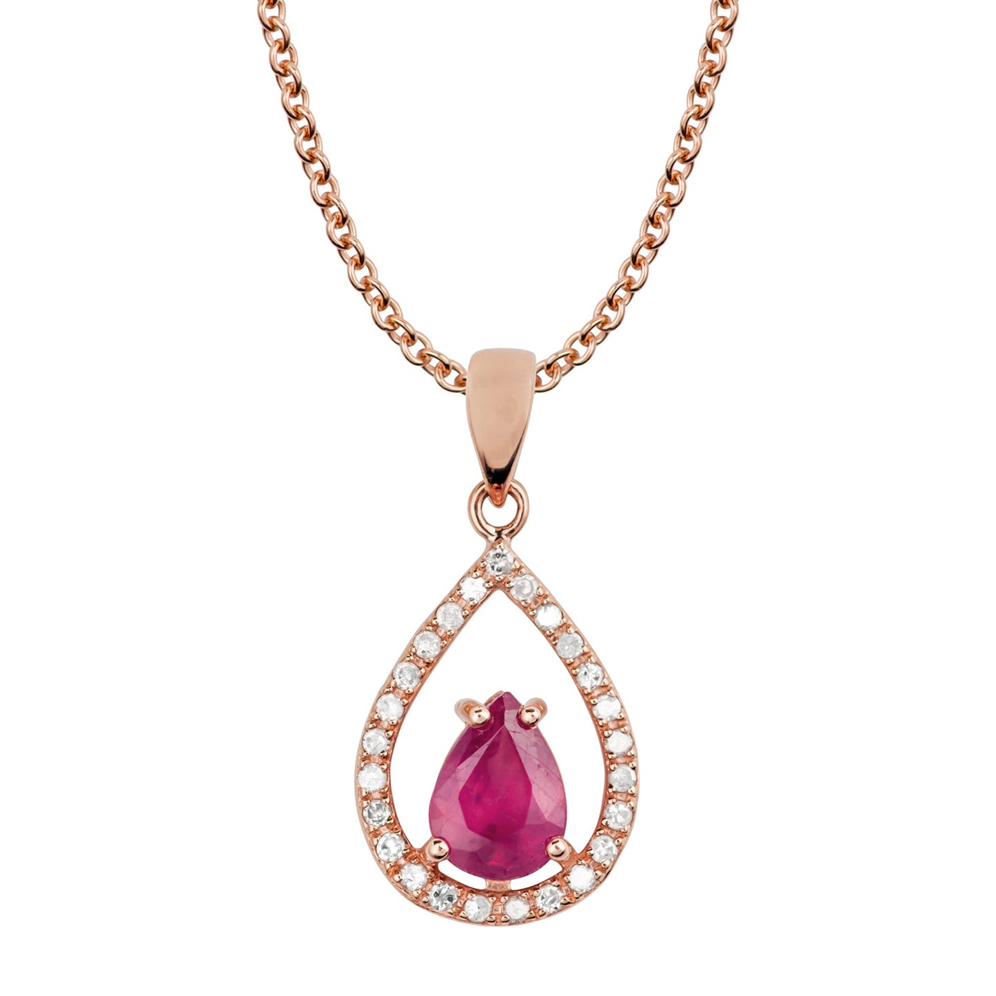 10k Rose Gold Genuine Pear Shape Ruby and Diamond Halo Teardrop Pendant Necklace