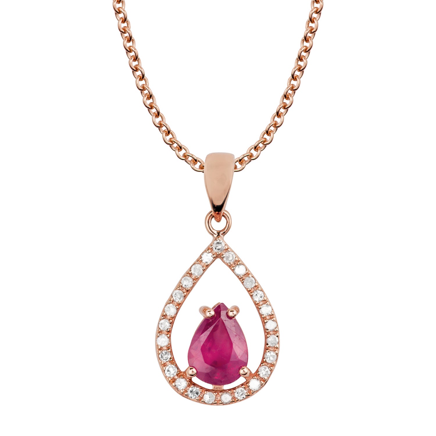 10k Rose Gold Genuine Pear Shape Ruby and Diamond Halo Teardrop Pendant Necklace