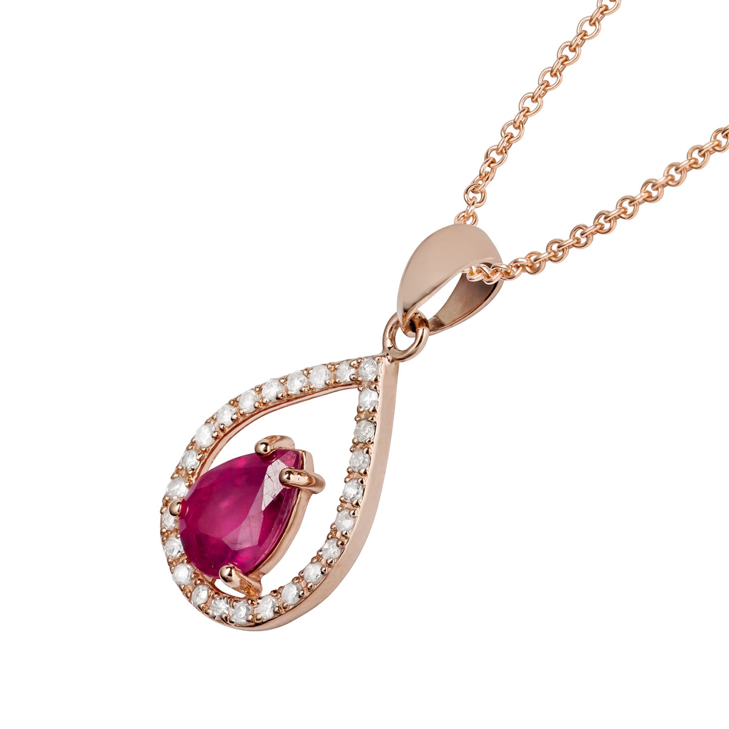 10k Rose Gold Genuine Pear Shape Ruby and Diamond Halo Teardrop Pendant Necklace