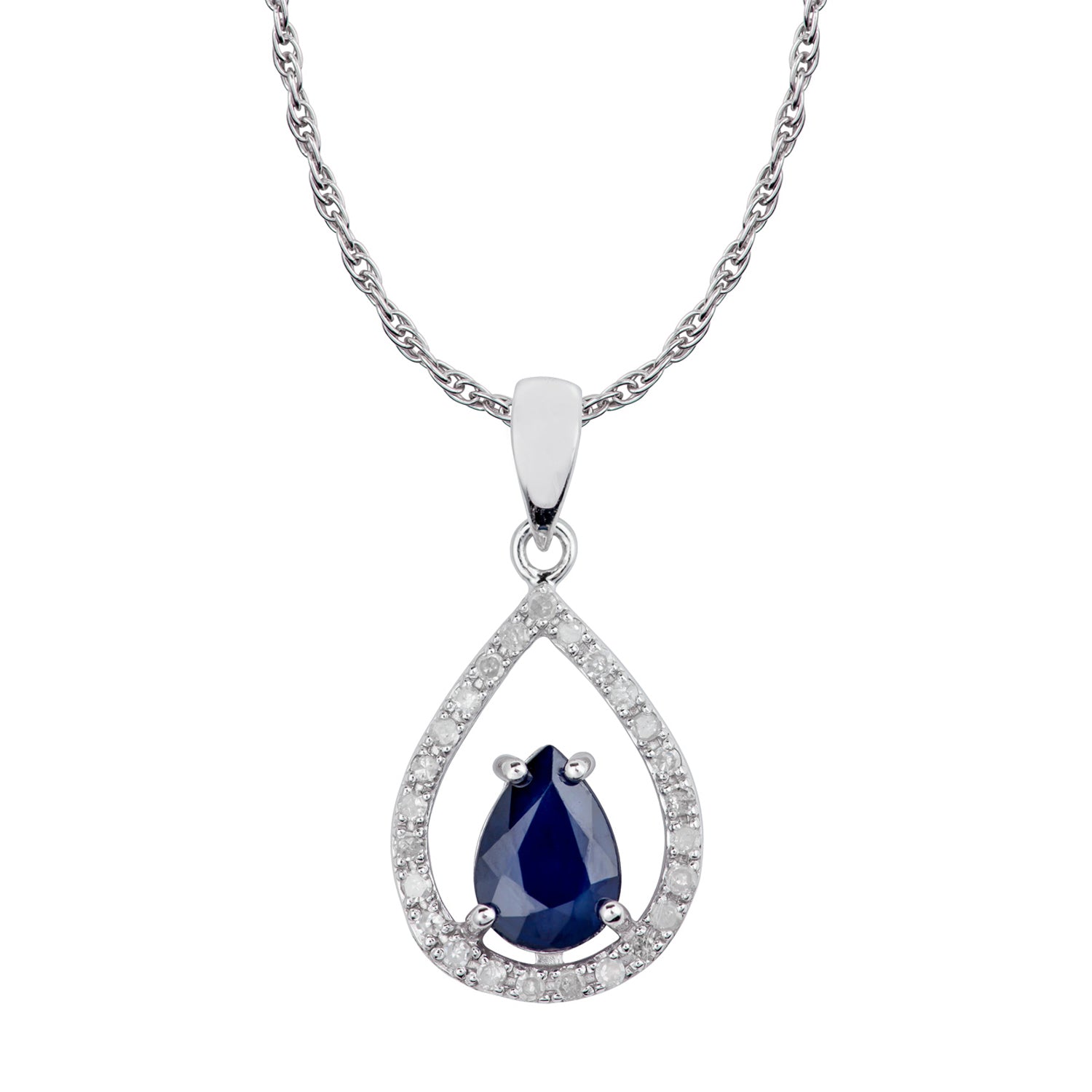 10k White Gold Genuine Pear Shape Sapphire and Diamond Halo Teardrop Pendant Necklace