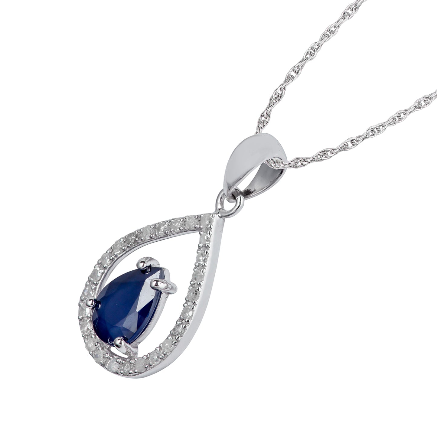 10k White Gold Genuine Pear Shape Sapphire and Diamond Halo Teardrop Pendant Necklace