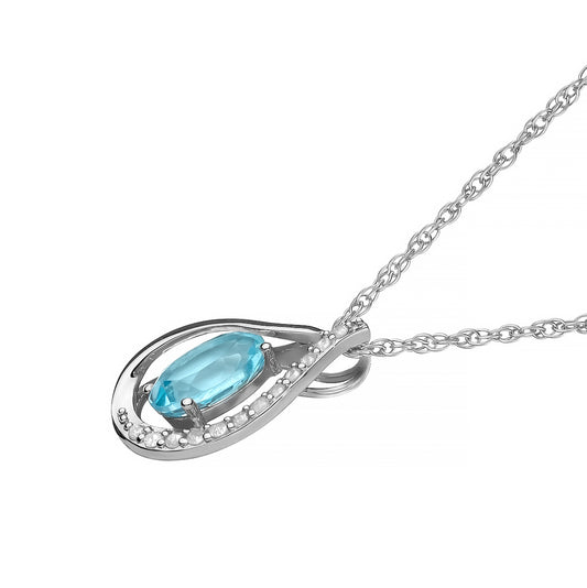 10k White Gold Genuine Oval Blue Topaz and Diamond Halo Drop Pendant Necklace