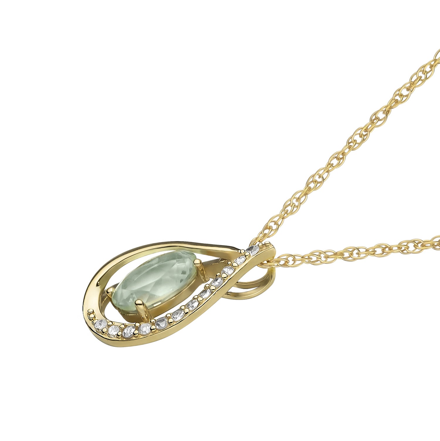 10k Yellow Gold Genuine Oval Green Amethyst and Diamond Halo Drop Pendant Necklace