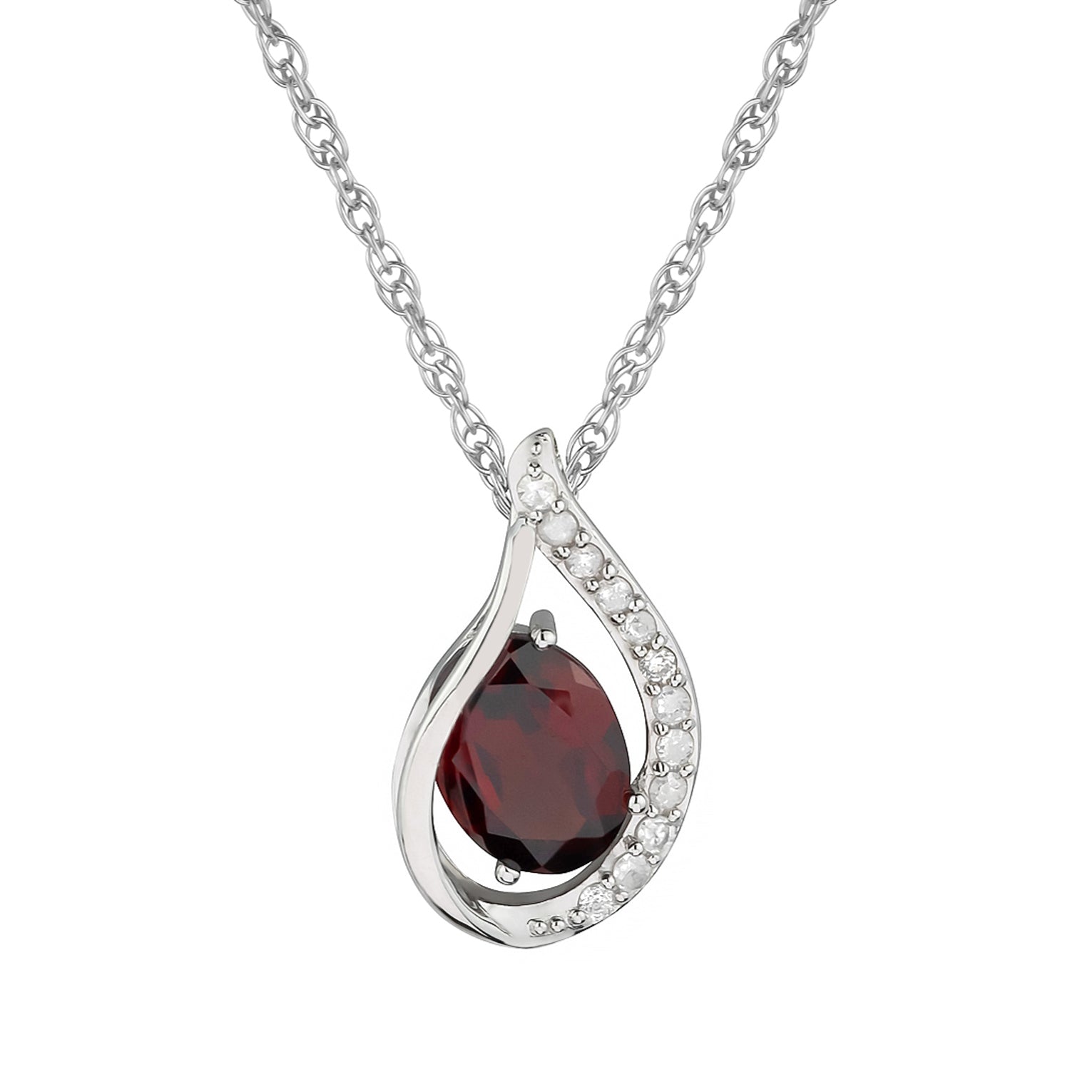 10k White Gold Genuine Oval Garnet and Diamond Halo Drop Pendant Necklace