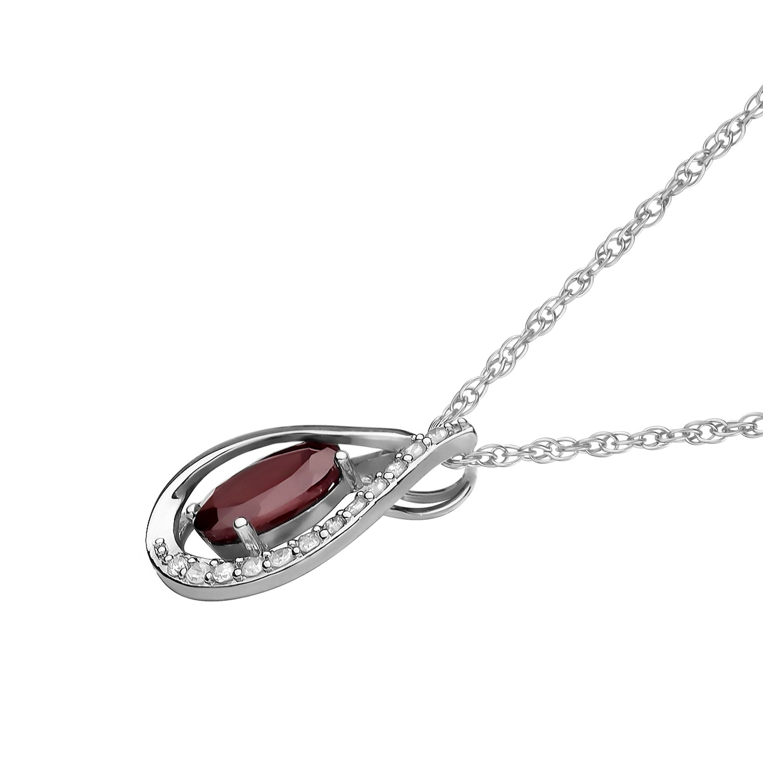 10k White Gold Genuine Oval Garnet and Diamond Halo Drop Pendant Necklace