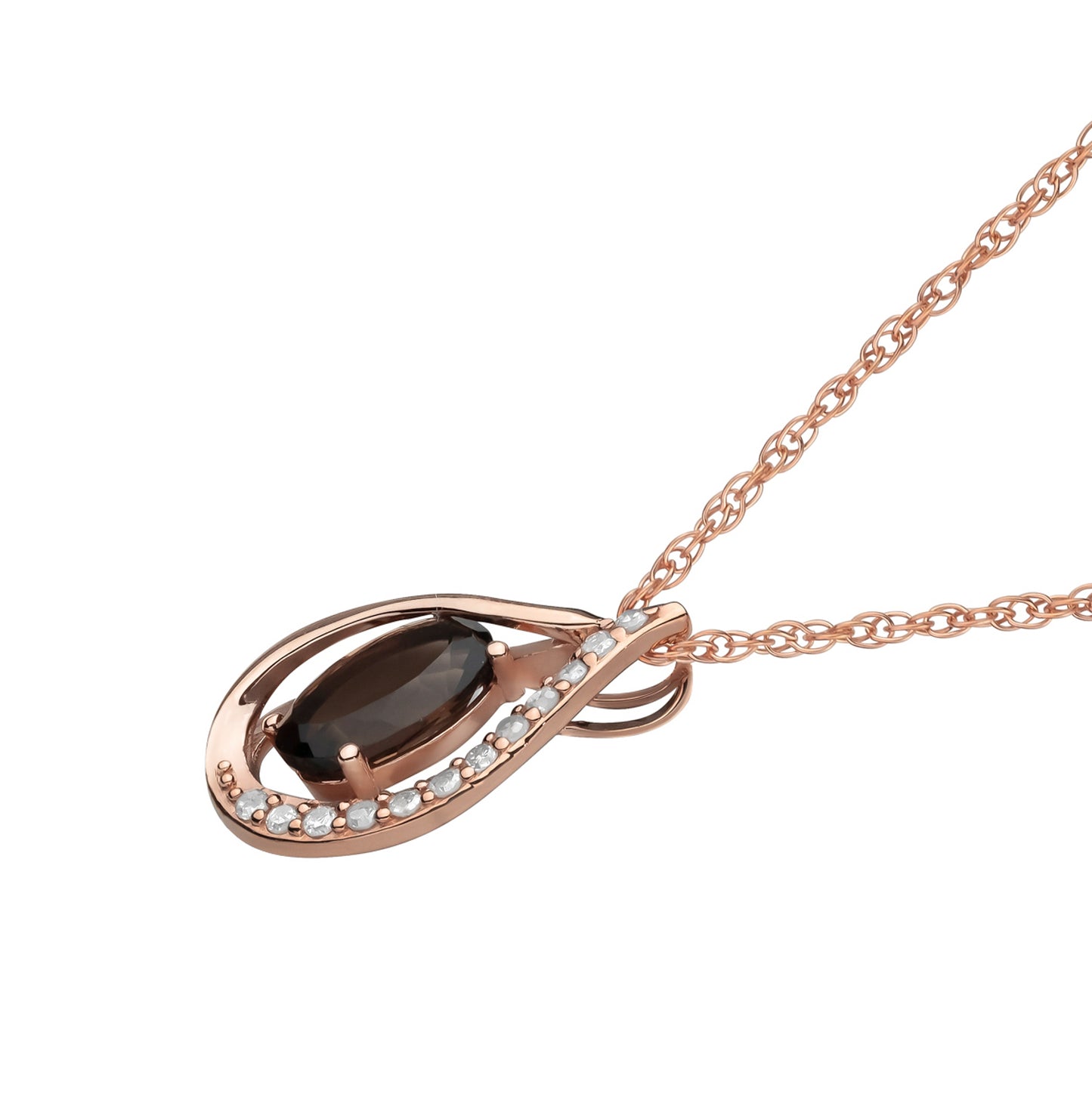 10k Rose Gold Genuine Oval Smoky Quartz and Diamond Halo Drop Pendant Necklace