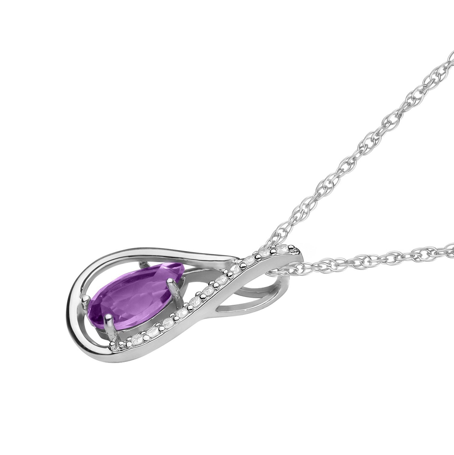 10k White Gold Genuine Pear shape Amethyst and Diamond Halo Drop Pendant Necklace