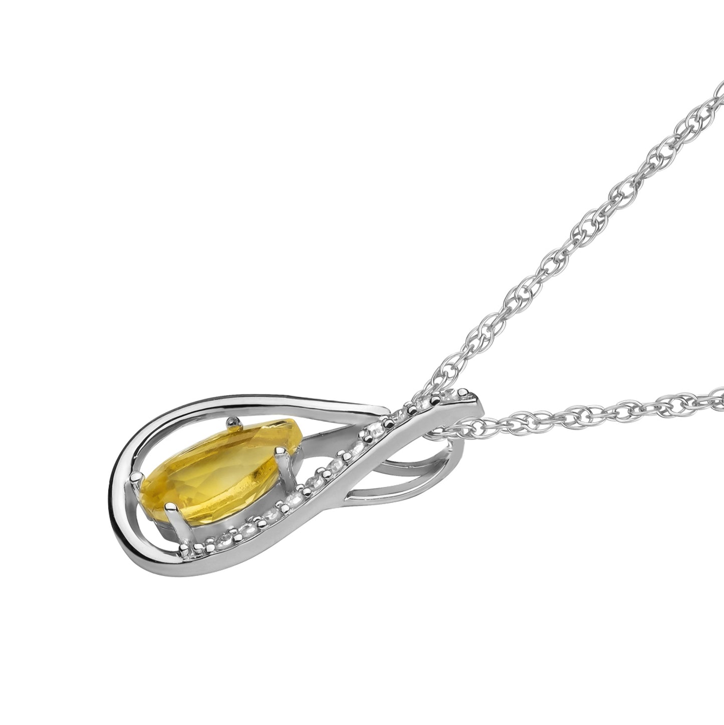 10k White Gold Genuine Pear shape Citrine and Diamond Halo Drop Pendant Necklace