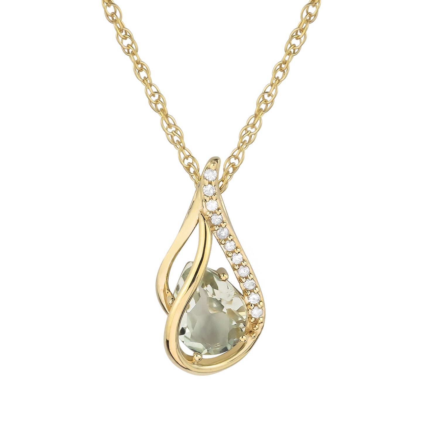 10k Yellow Gold Genuine Pear shape Green Amethyst and Diamond Halo Drop Pendant Necklace