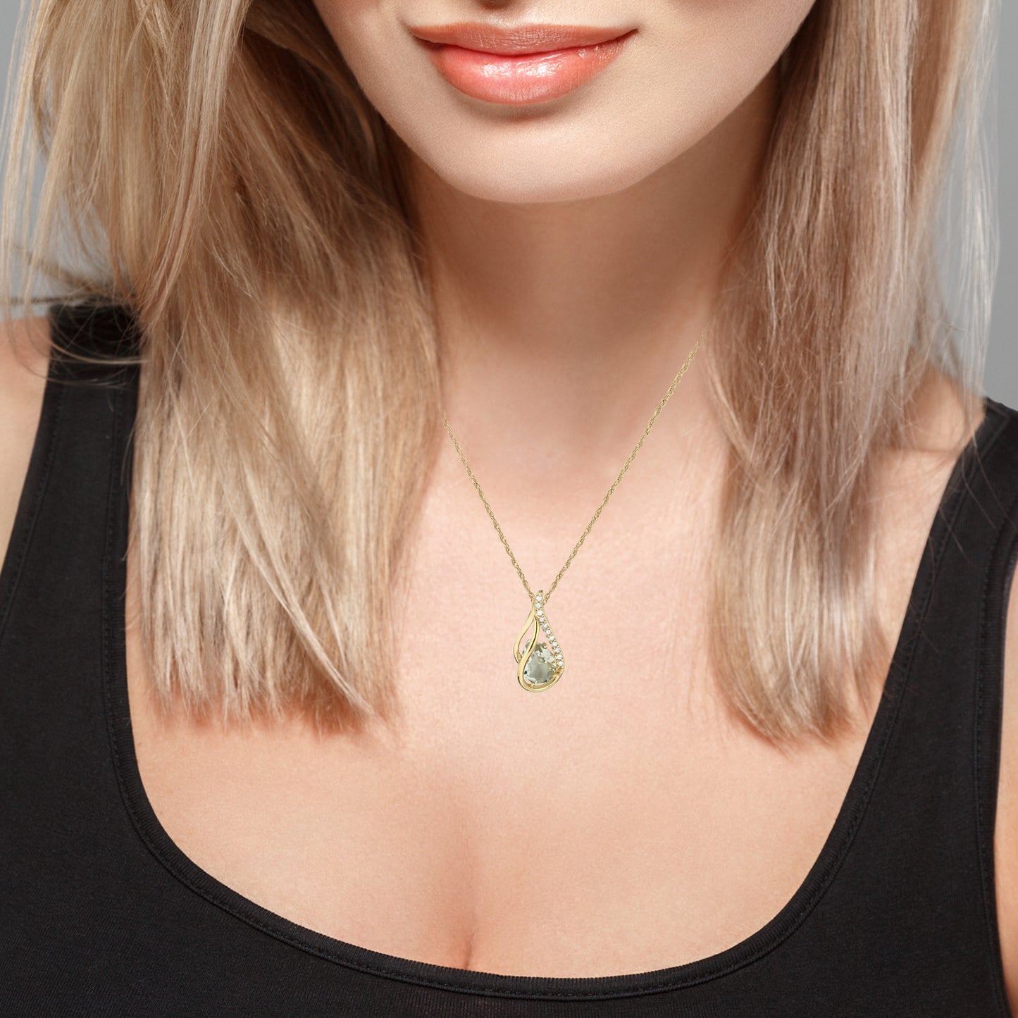 10k Yellow Gold Genuine Pear shape Green Amethyst and Diamond Halo Drop Pendant Necklace