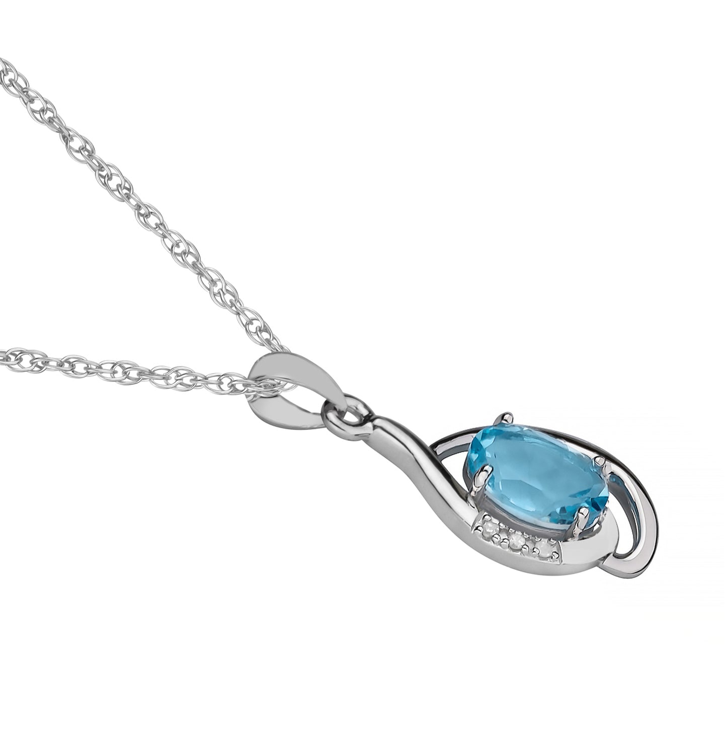 10k White Gold Genuine Oval Blue Topaz and Diamond Pendant Necklace