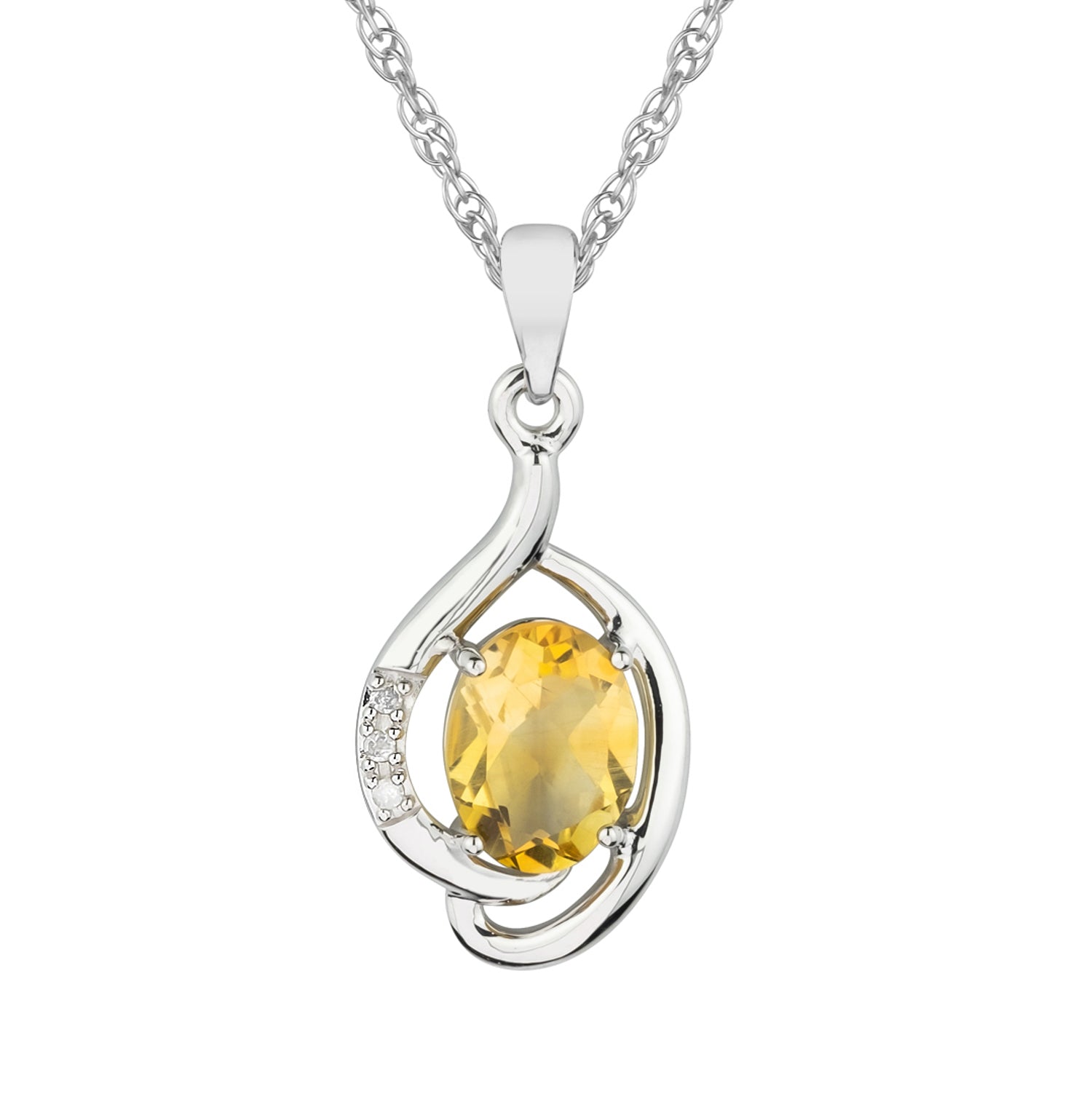 10k White Gold Genuine Oval Citrine and Diamond Pendant Necklace