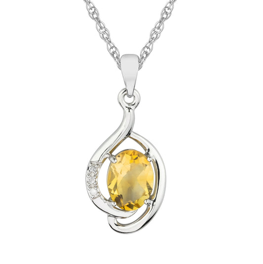 10k White Gold Genuine Oval Citrine and Diamond Pendant Necklace