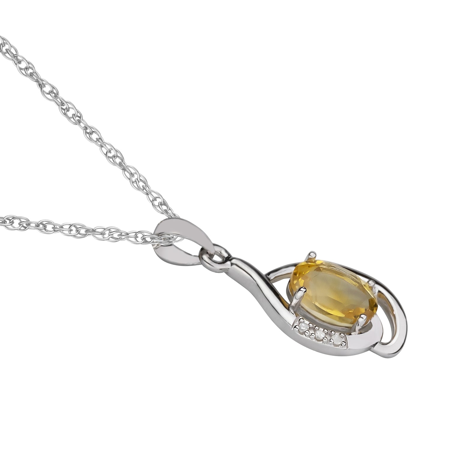 10k White Gold Genuine Oval Citrine and Diamond Pendant Necklace