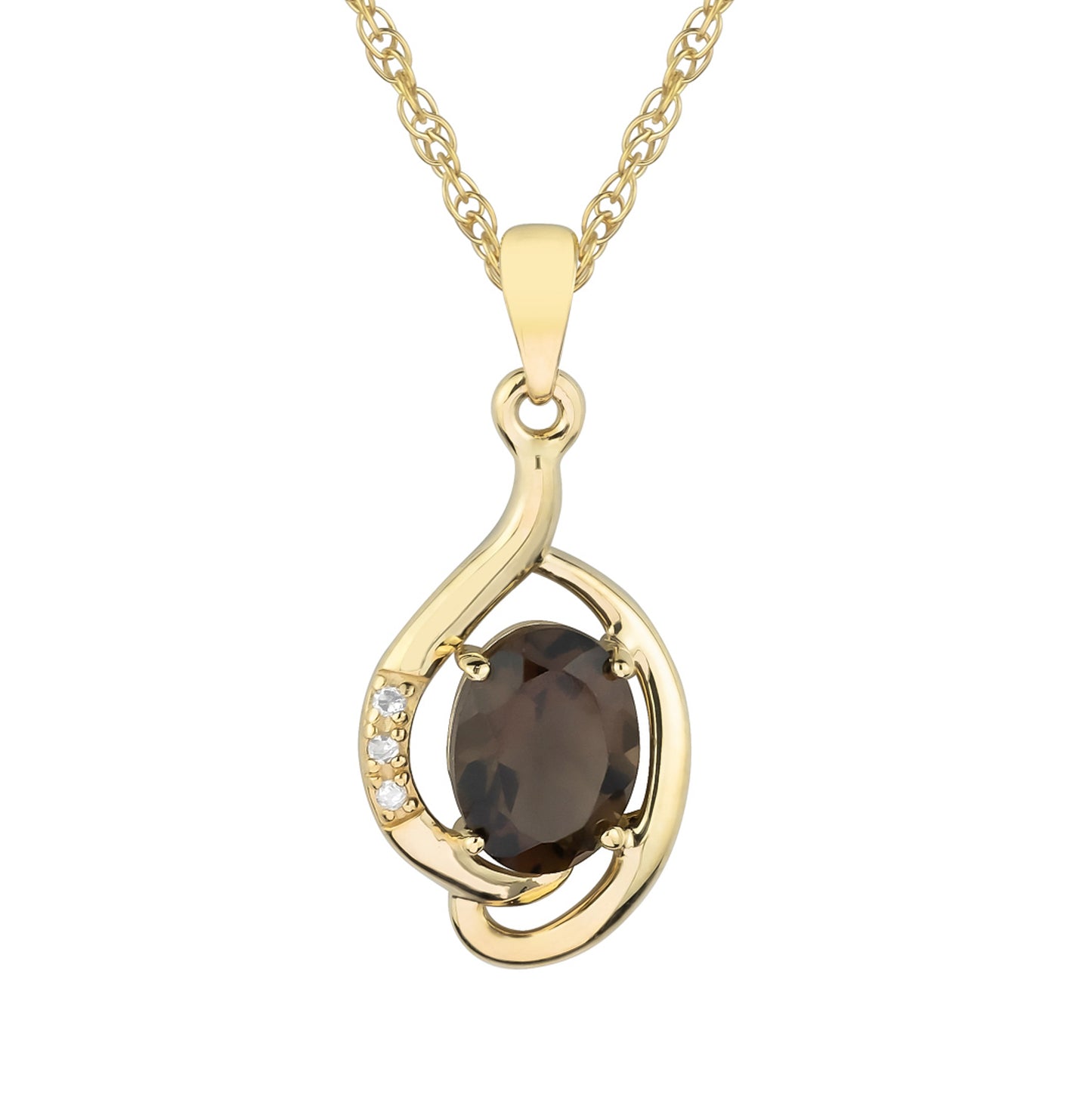 10k Yellow Gold Genuine Oval Smoky Quartz and Diamond Pendant Necklace