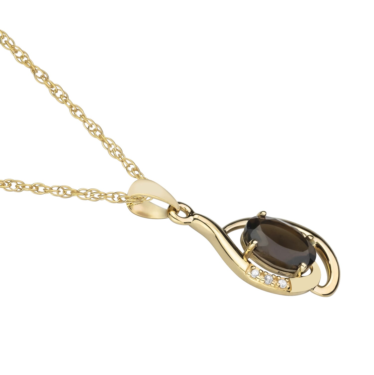 10k Yellow Gold Genuine Oval Smoky Quartz and Diamond Pendant Necklace