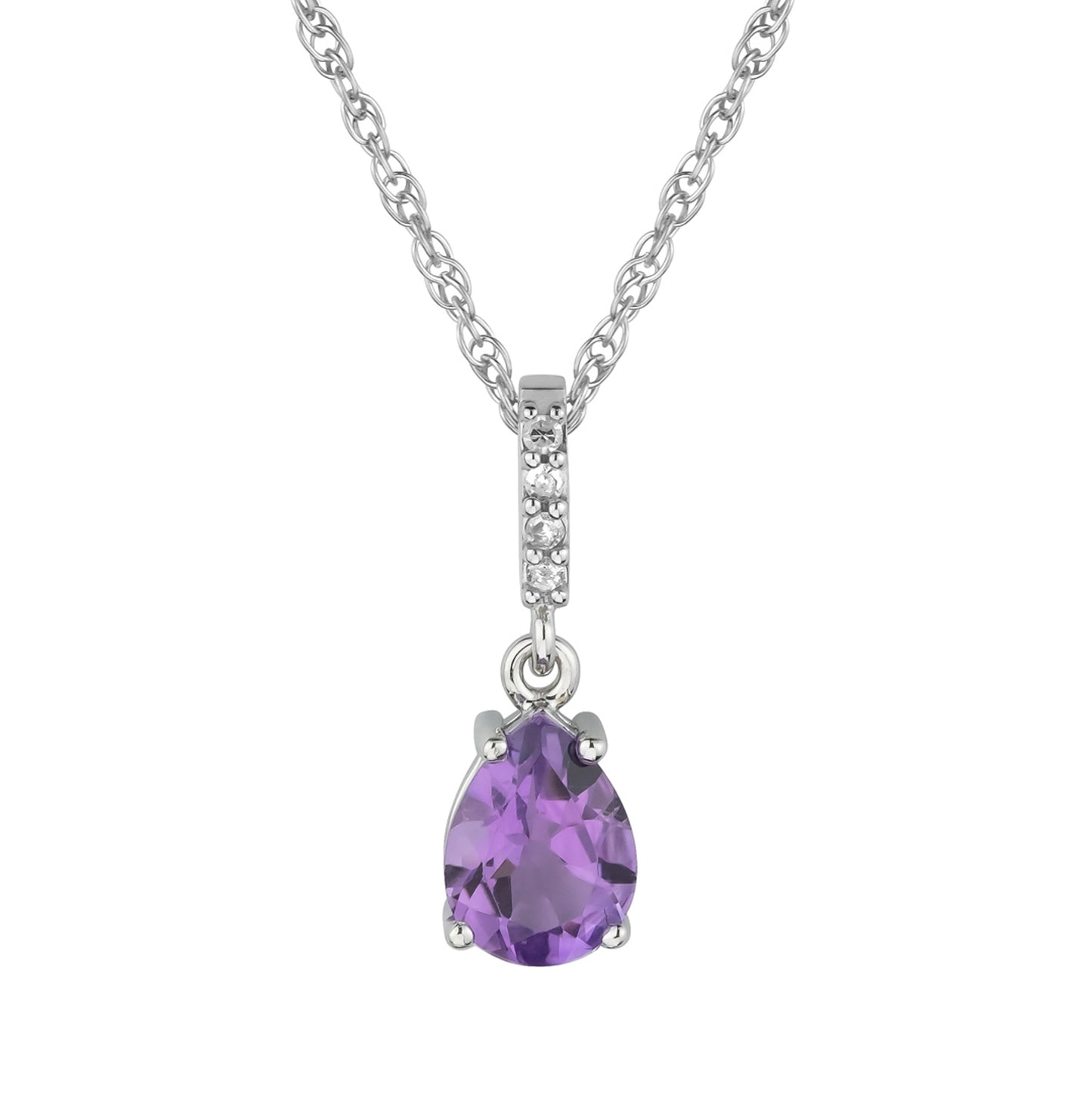 10k White Gold Genuine Pear Shape Amethyst and Diamond Drop Pendant Necklace