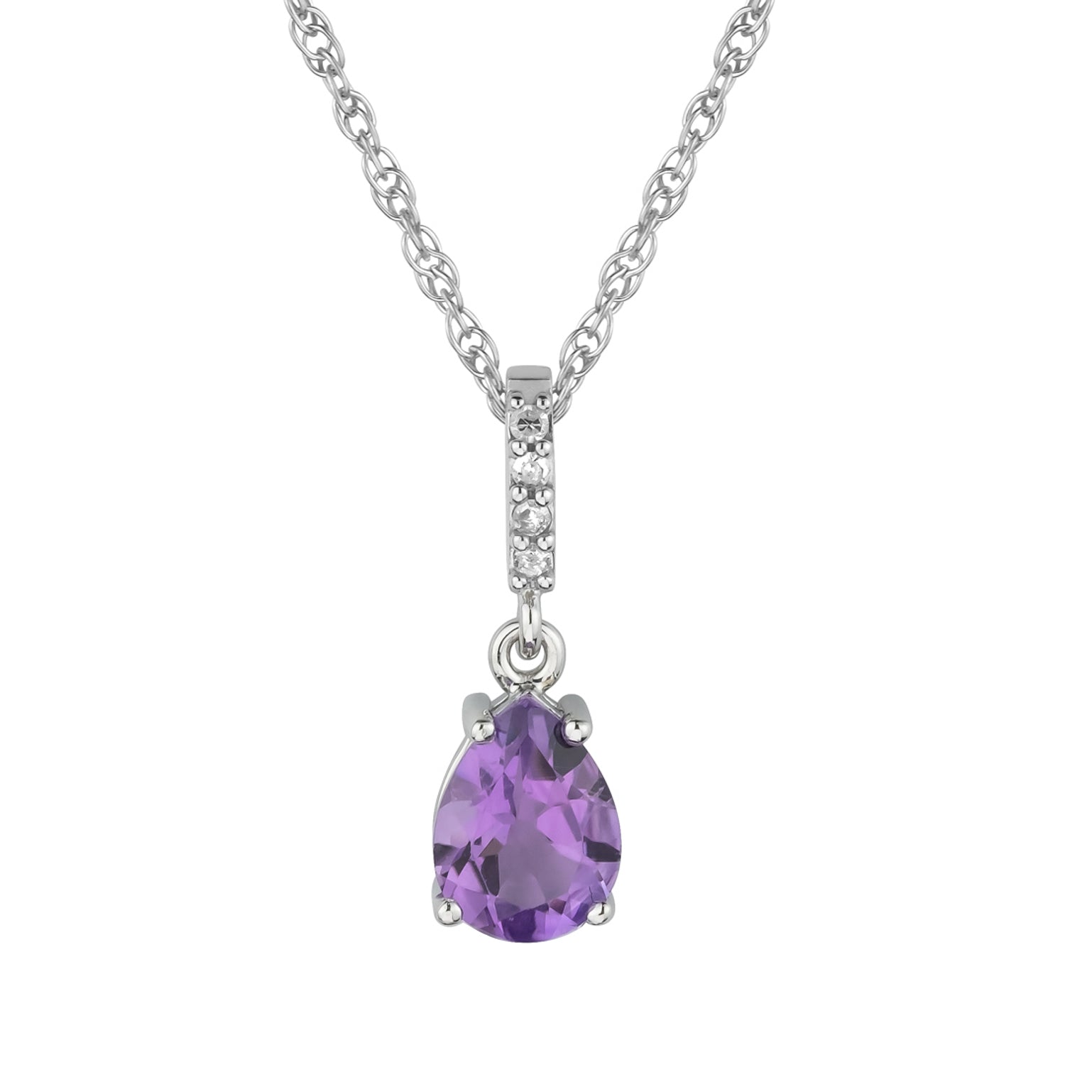 10k White Gold Genuine Pear Shape Amethyst and Diamond Drop Pendant Necklace