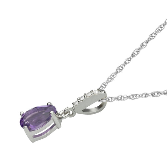 10k White Gold Genuine Pear Shape Amethyst and Diamond Drop Pendant Necklace