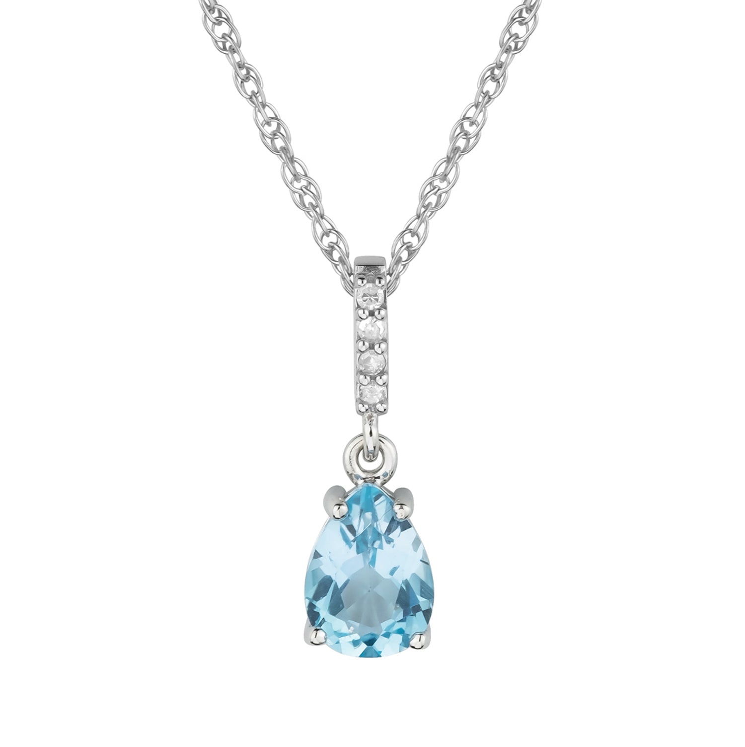 10k White Gold Genuine Pear Shape Blue Topaz and Diamond Drop Pendant Necklace