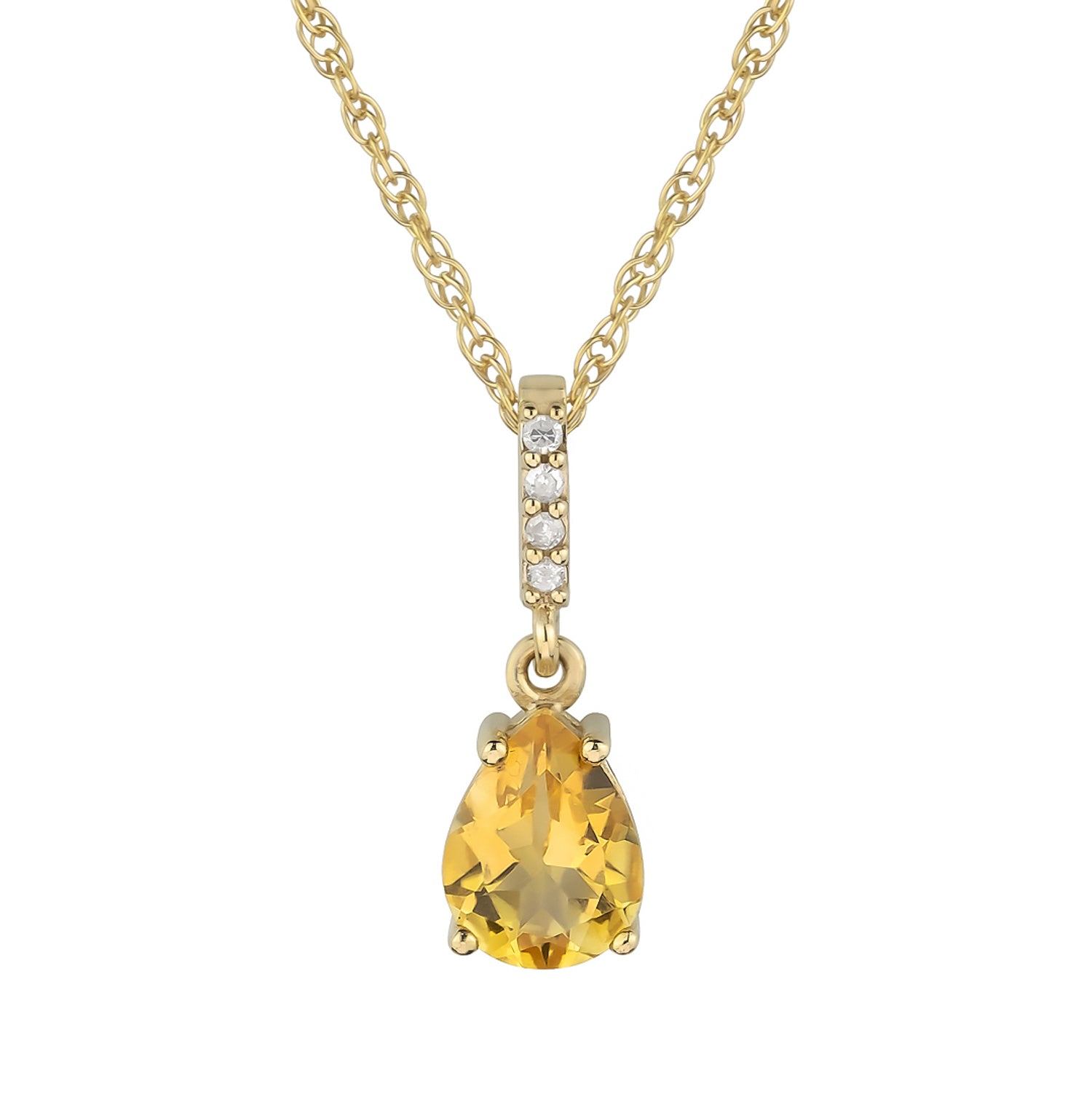 10k Yellow Gold Genuine Pear Shape Citrine and Diamond Drop Pendant Necklace