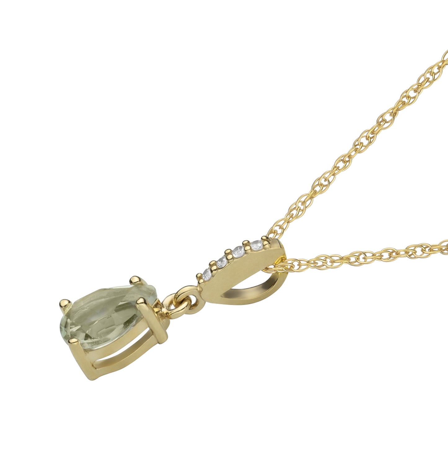 10k Yellow Gold Genuine Pear Shape Green Amethyst and Diamond Drop Pendant Necklace