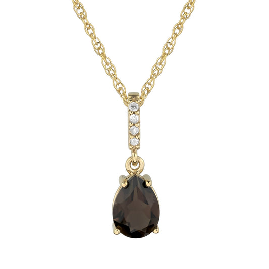 10k Yellow Gold Genuine Pear Shape Smoky Quartz and Diamond Drop Pendant Necklace