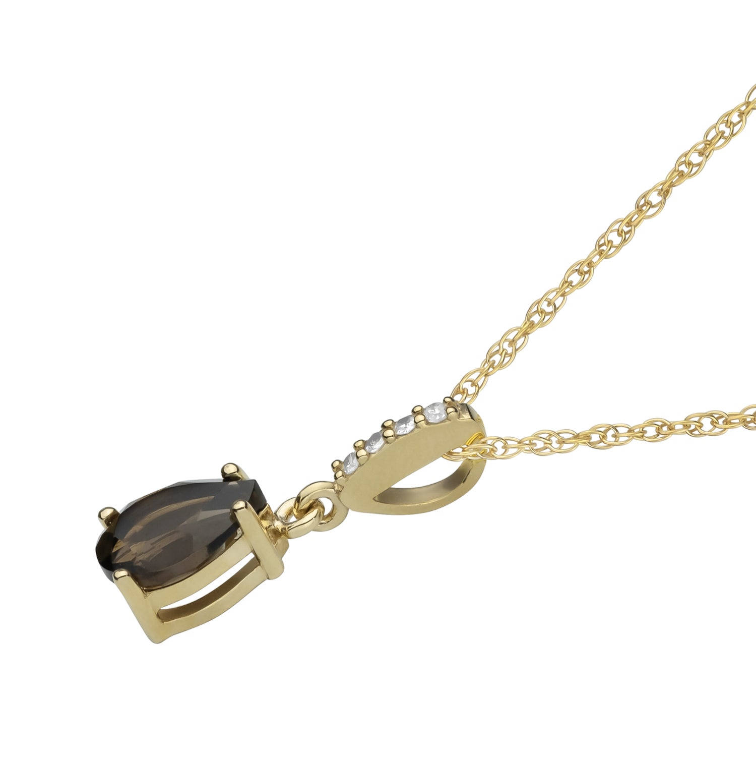 10k Yellow Gold Genuine Pear Shape Smoky Quartz and Diamond Drop Pendant Necklace