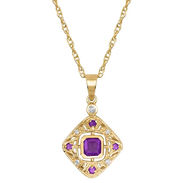 10k Yellow Gold Vintage Style Amethyst and Diamond Pendant Necklace