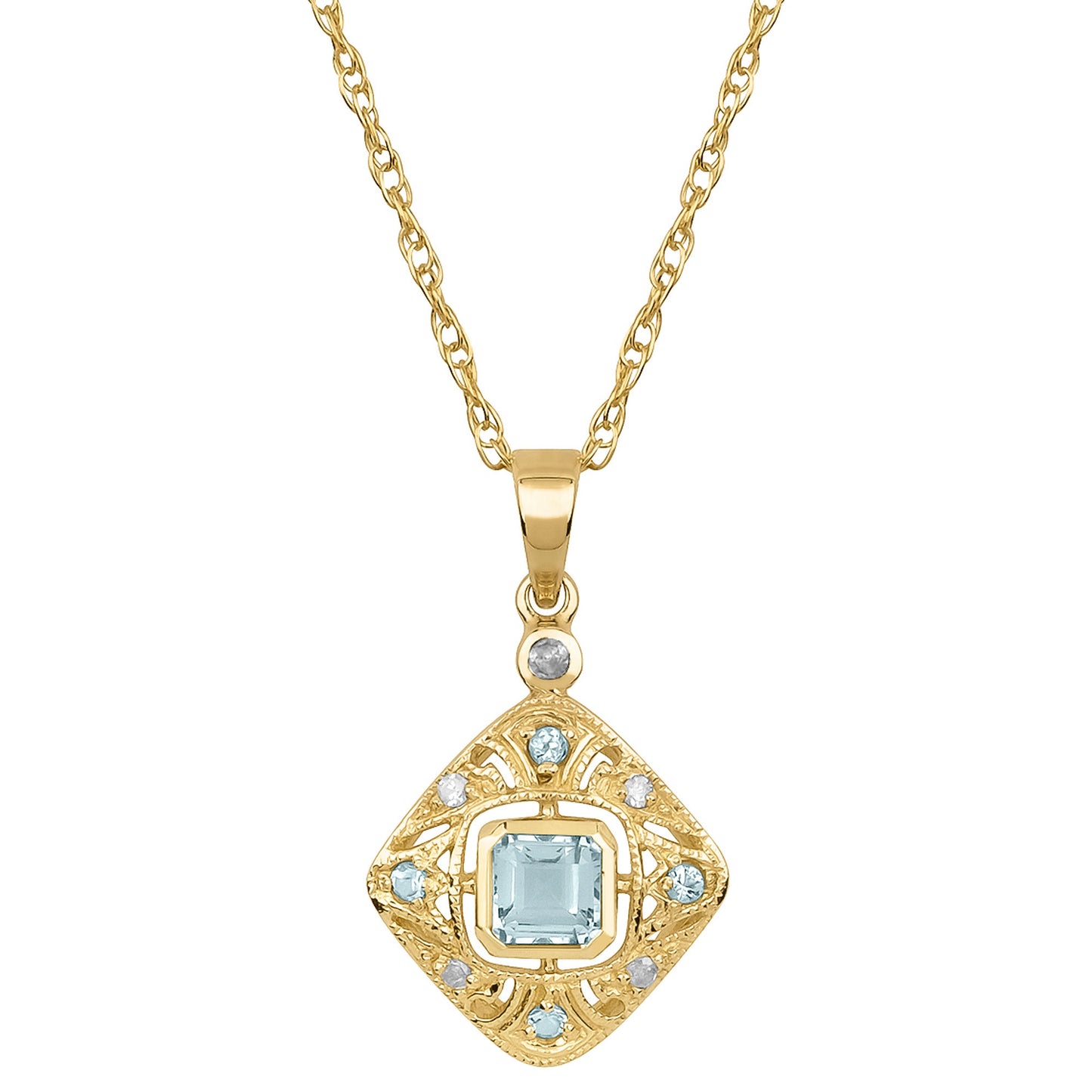 10k Yellow Gold Vintage Style Blue Topaz and Diamond Pendant Necklace