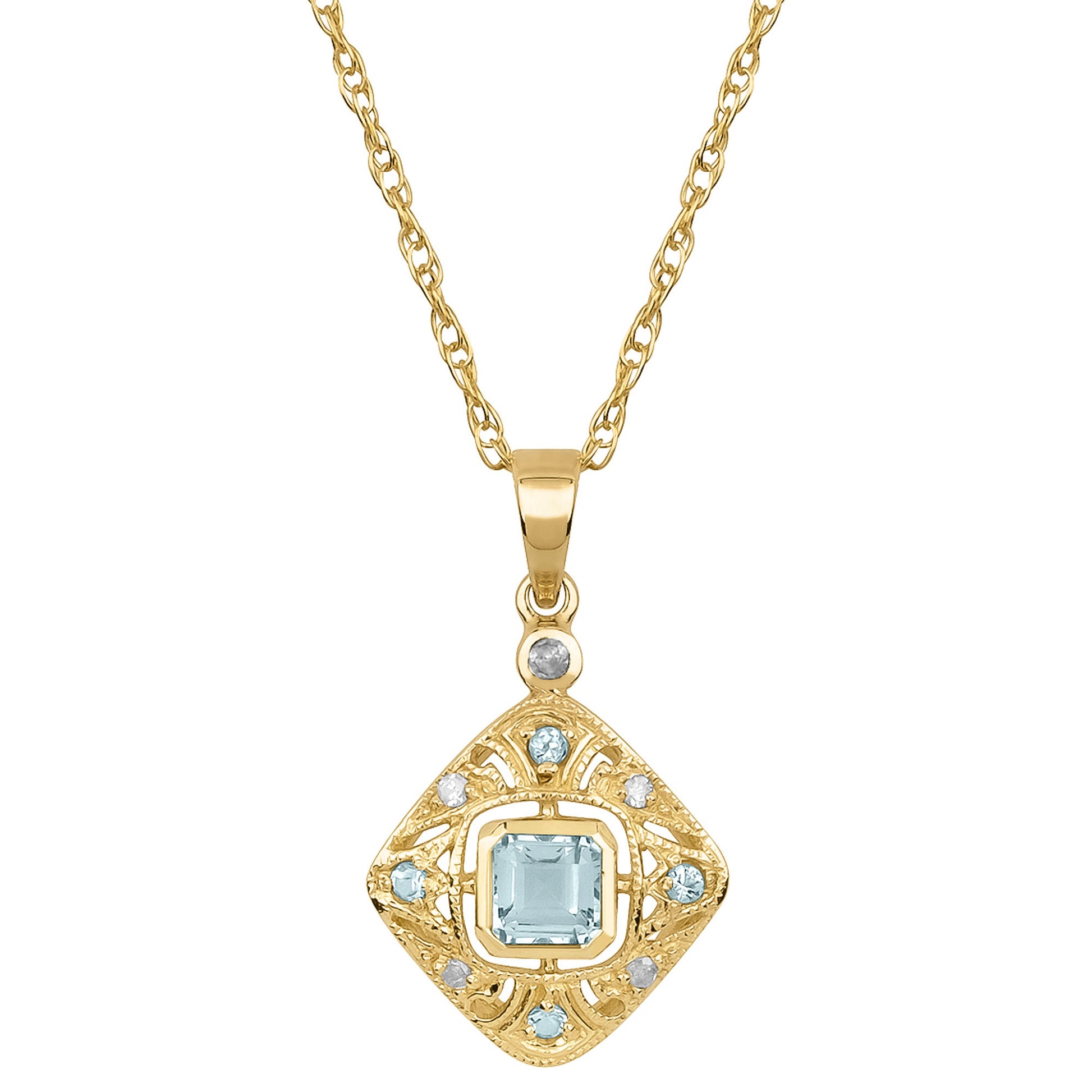 10k Yellow Gold Vintage Style Blue Topaz and Diamond Pendant Necklace