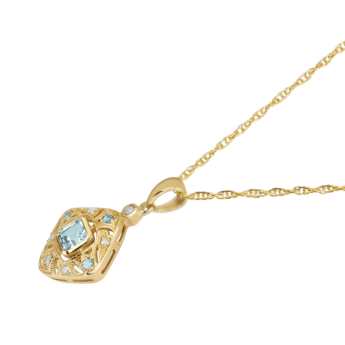 10k Yellow Gold Vintage Style Blue Topaz and Diamond Pendant Necklace