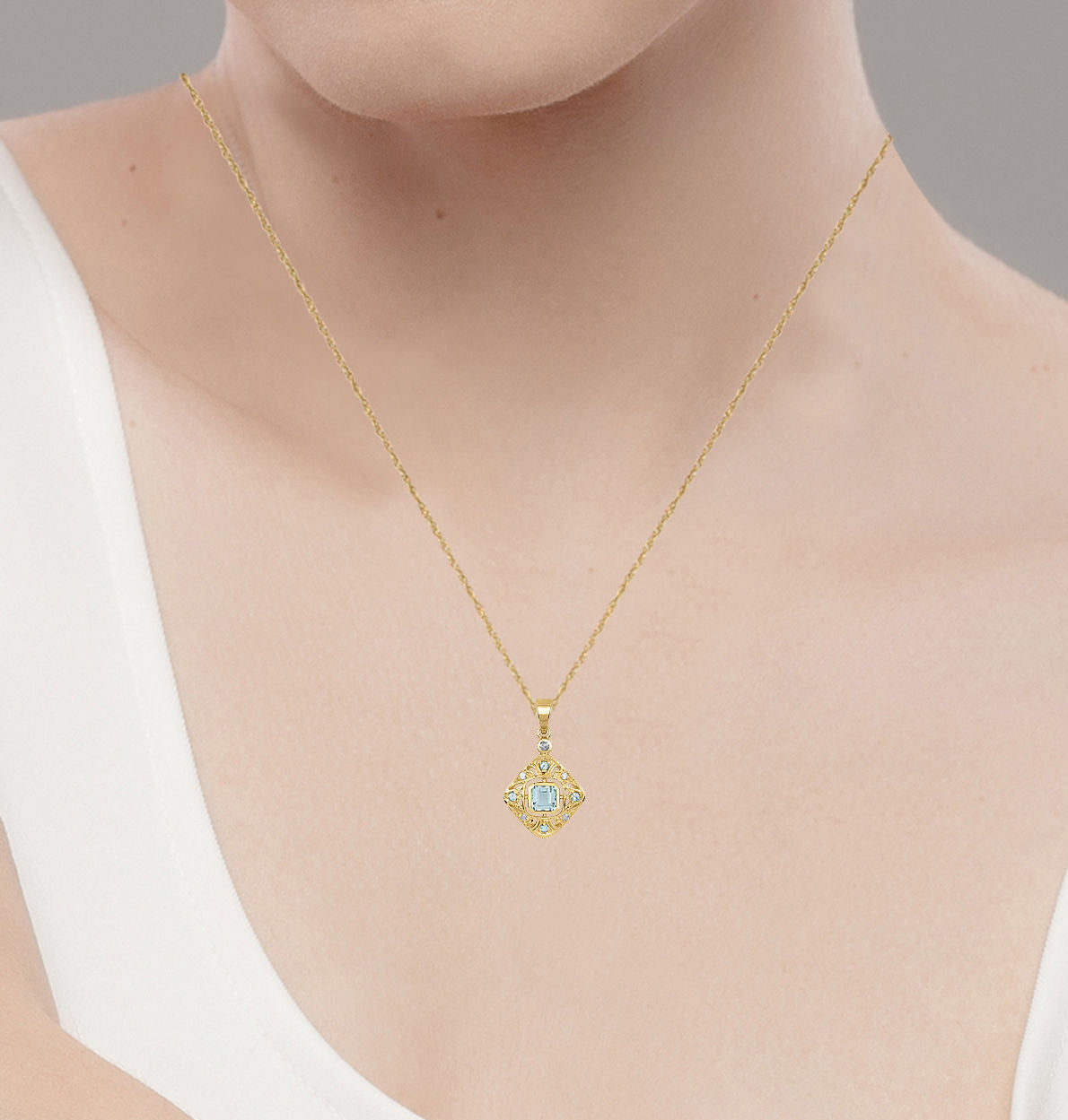 10k Yellow Gold Vintage Style Blue Topaz and Diamond Pendant Necklace