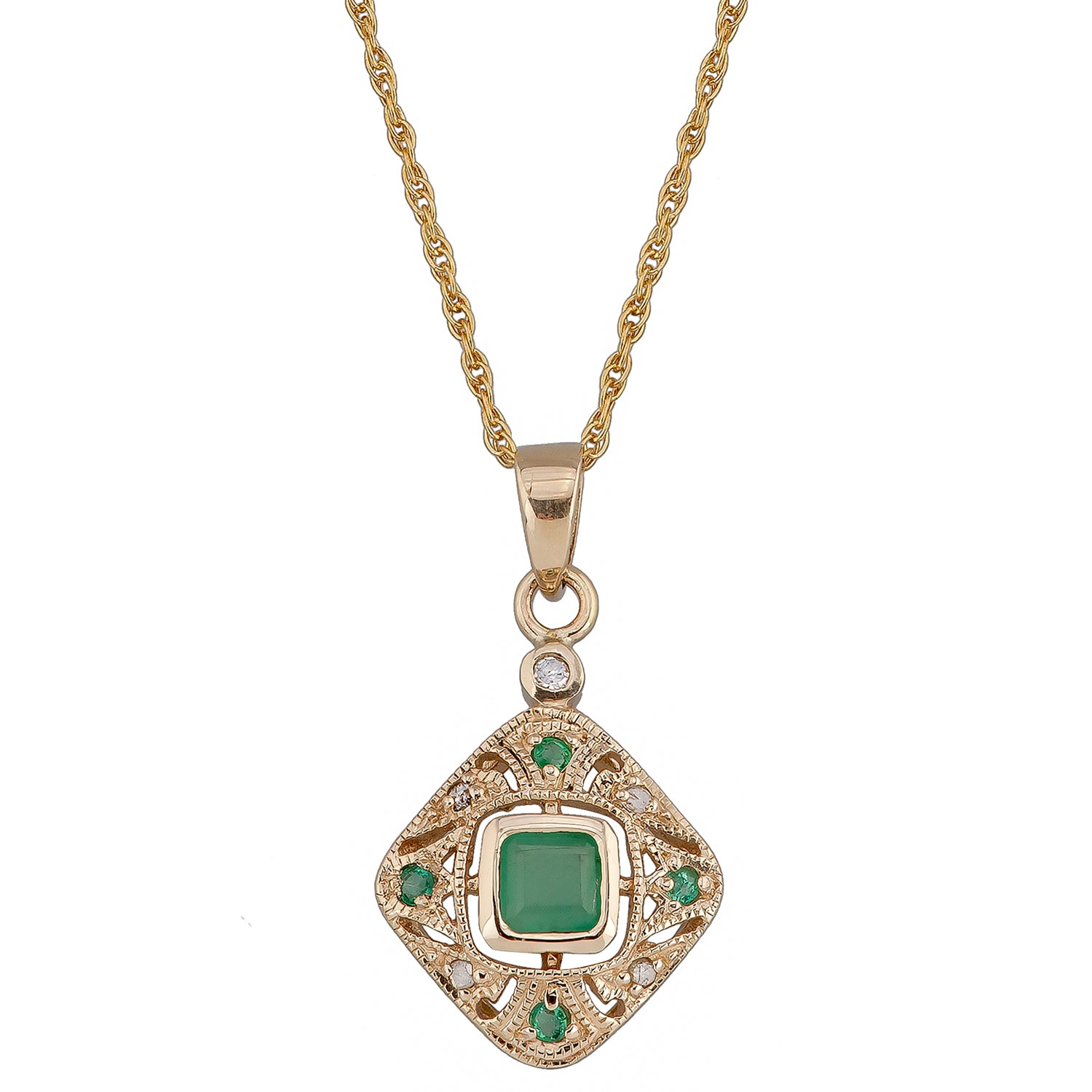 10k Yellow Gold Vintage Style Emerald and Diamond Pendant Necklace