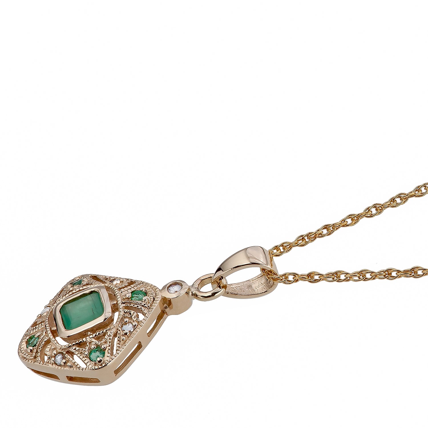 10k Yellow Gold Vintage Style Emerald and Diamond Pendant Necklace