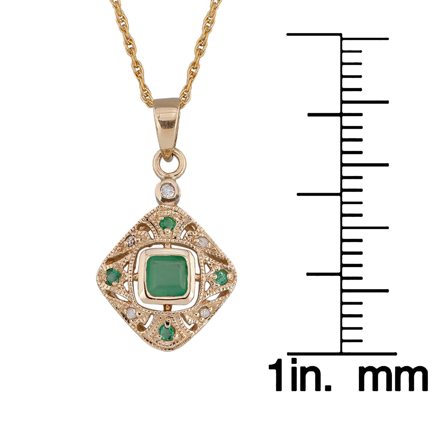 10k Yellow Gold Vintage Style Emerald and Diamond Pendant Necklace