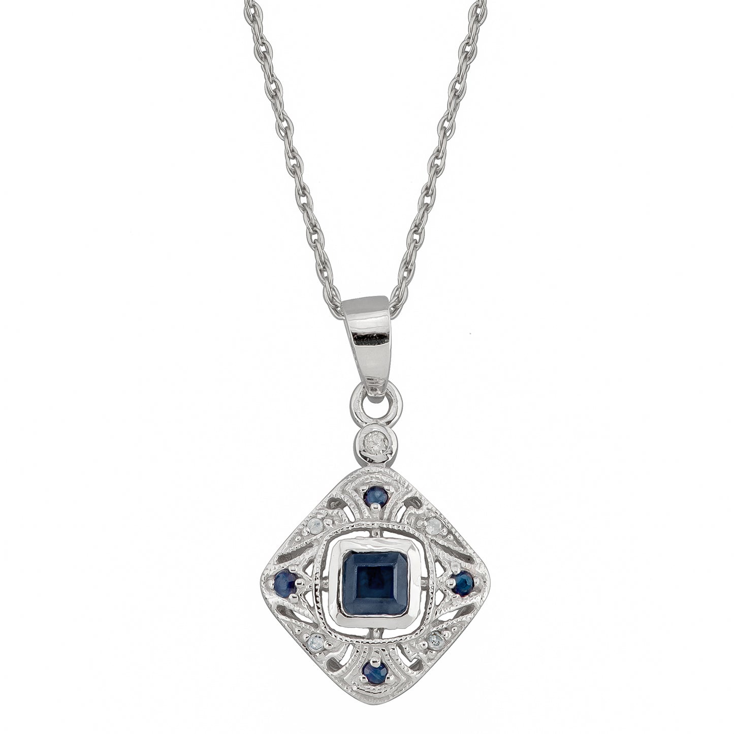 10k White Gold Vintage Style Sapphire and Diamond Pendant Necklace