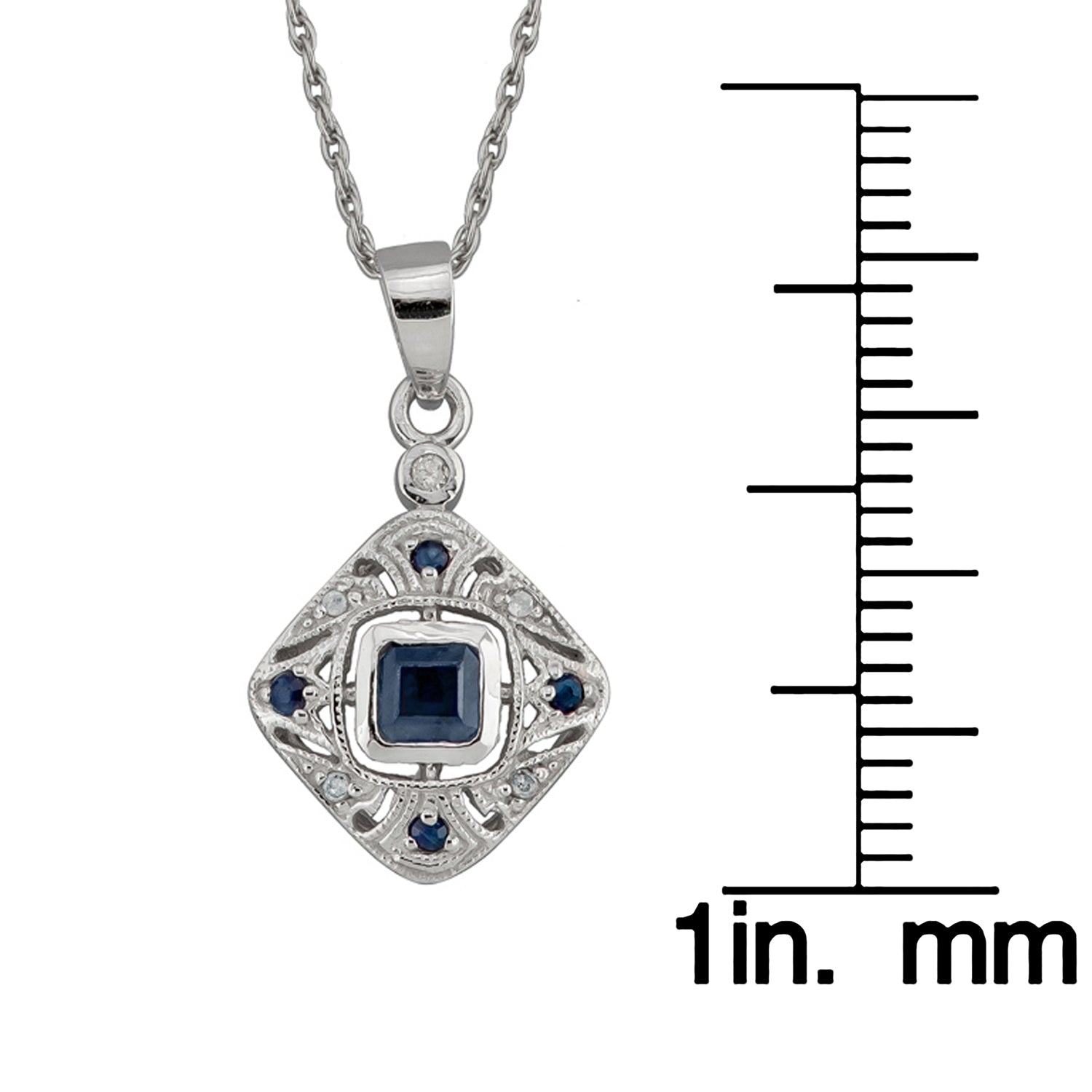 10k White Gold Vintage Style Sapphire and Diamond Pendant Necklace