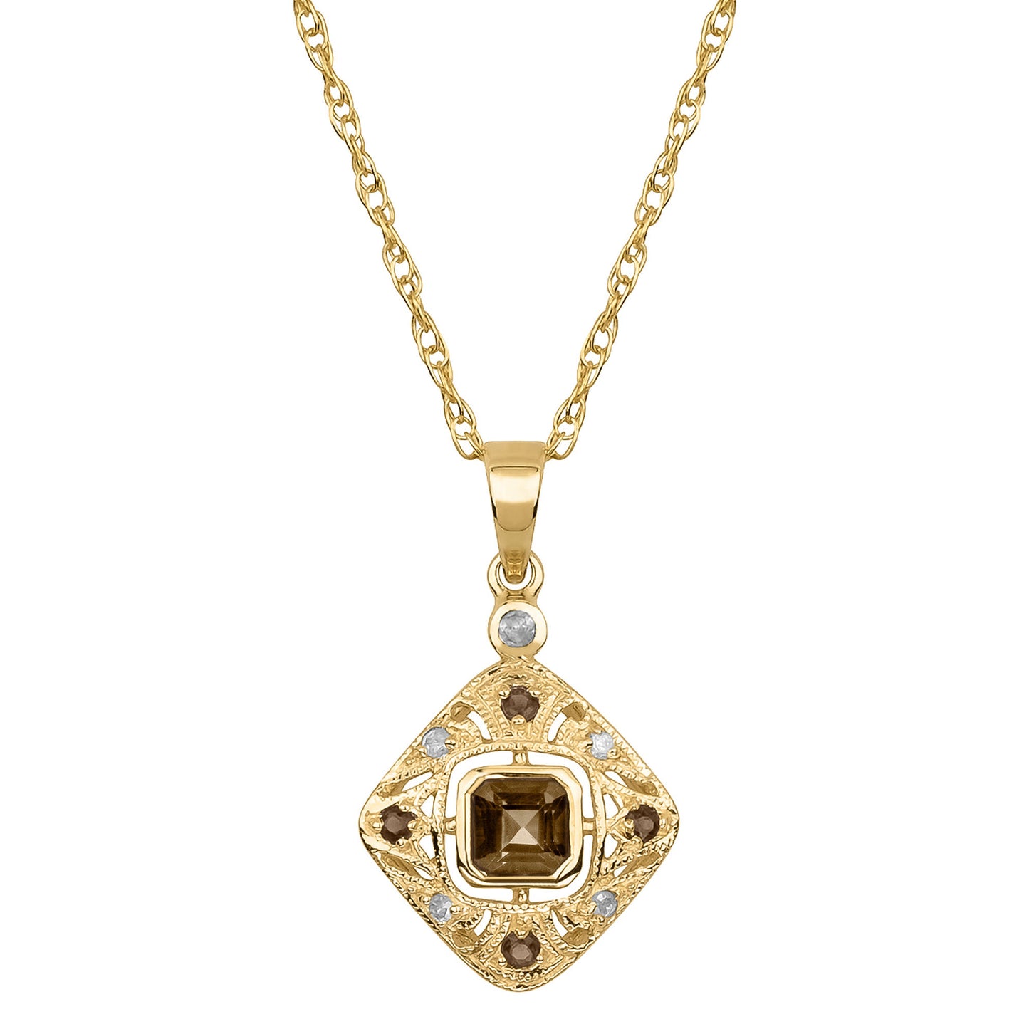 10k Yellow Gold Vintage Style Smoky Quartz and Diamond Pendant Necklace