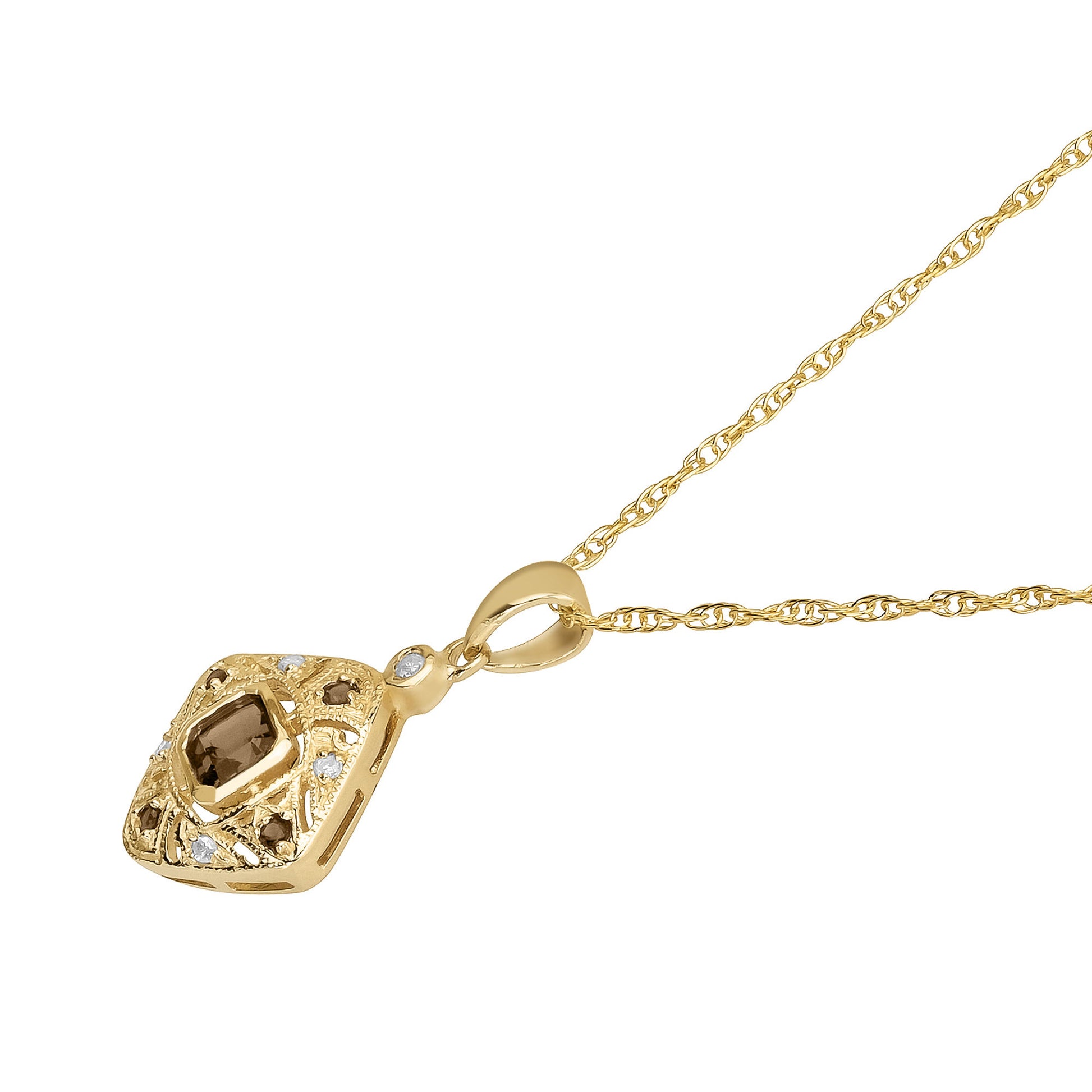 10k Yellow Gold Vintage Style Smoky Quartz and Diamond Pendant Necklace