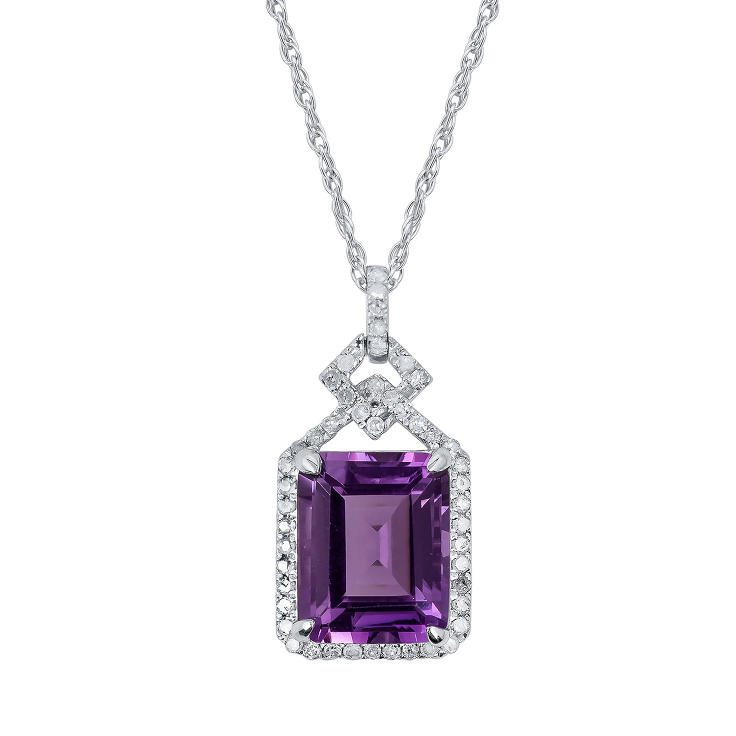 10k White Gold Emerald cut Amethyst and Diamond Halo Necklace