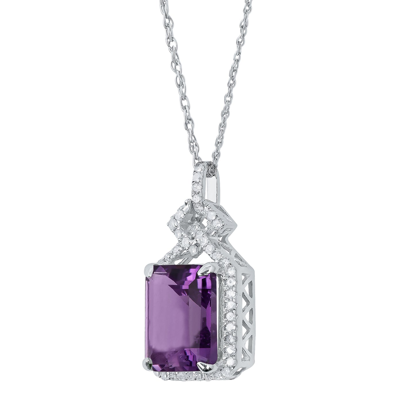 10k White Gold Emerald cut Amethyst and Diamond Halo Necklace