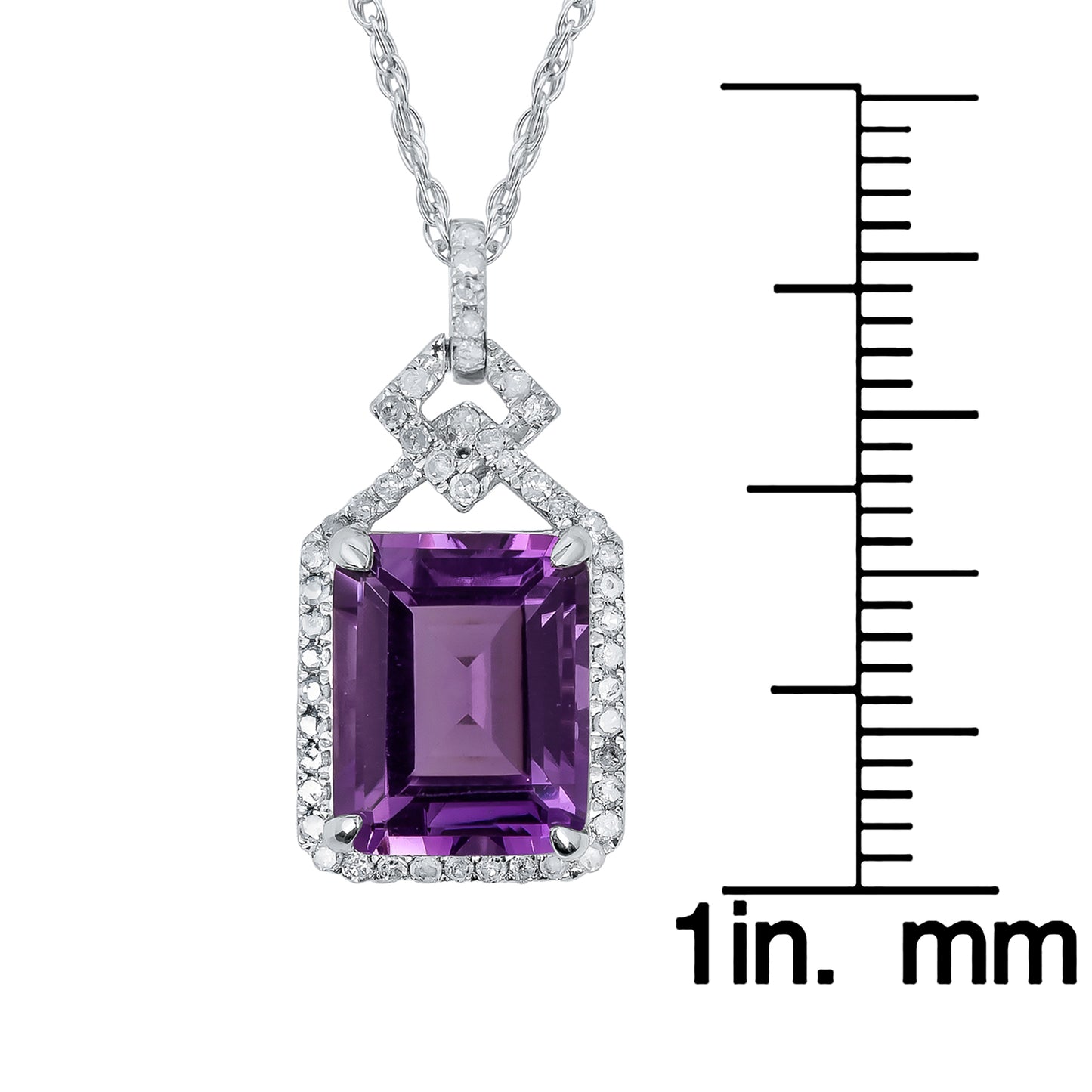 10k White Gold Emerald cut Amethyst and Diamond Halo Necklace