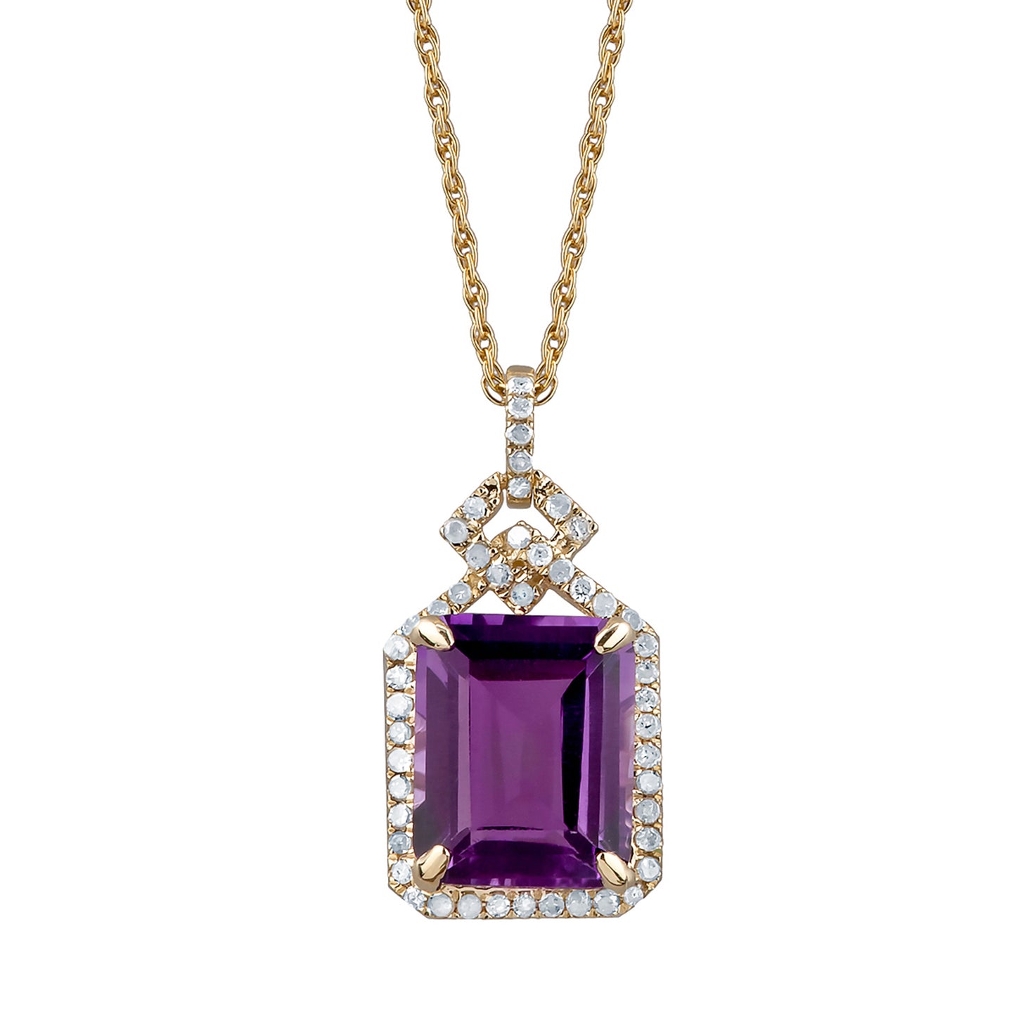 10k Yellow Gold Emerald cut Amethyst and Diamond Halo Necklace