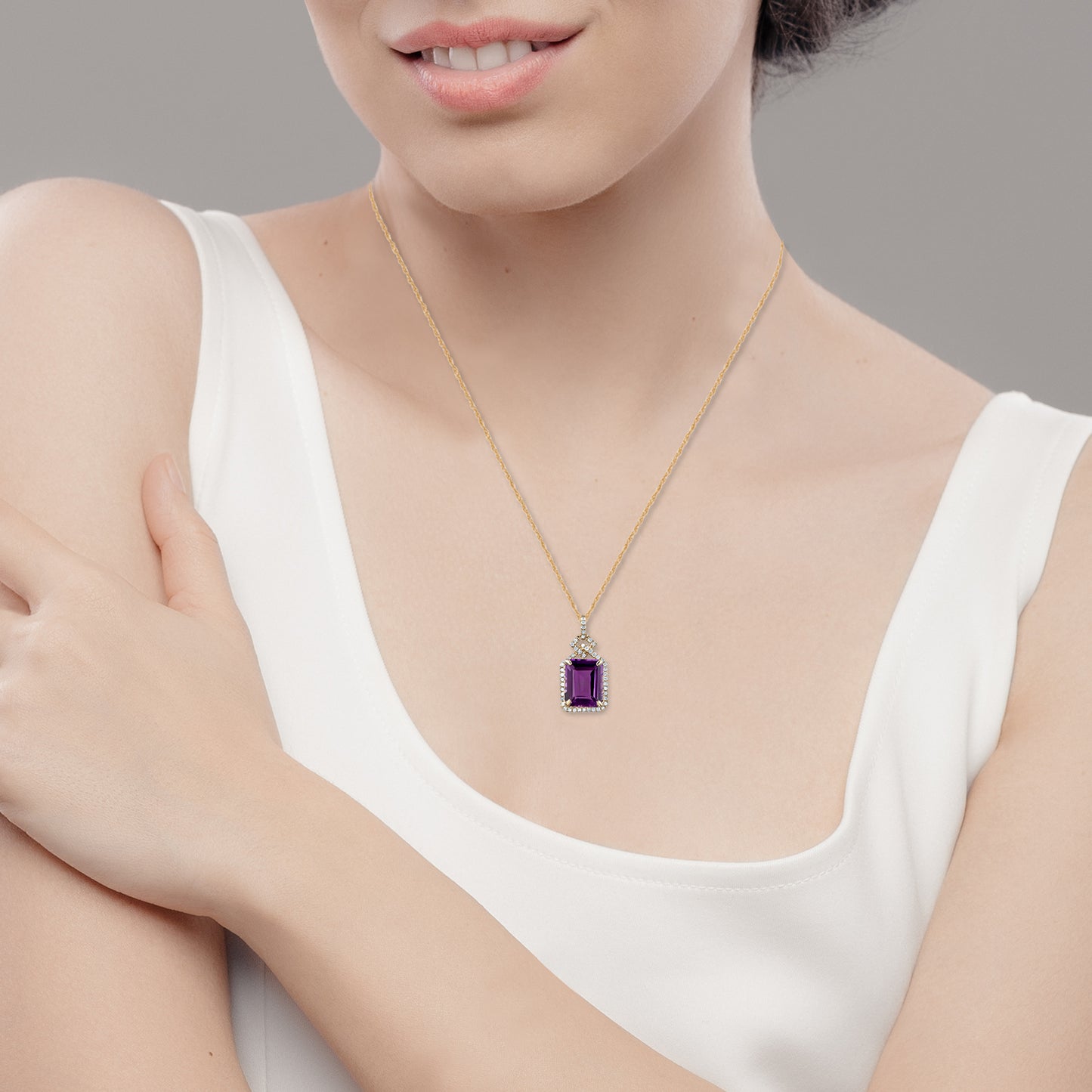 10k Yellow Gold Emerald cut Amethyst and Diamond Halo Necklace