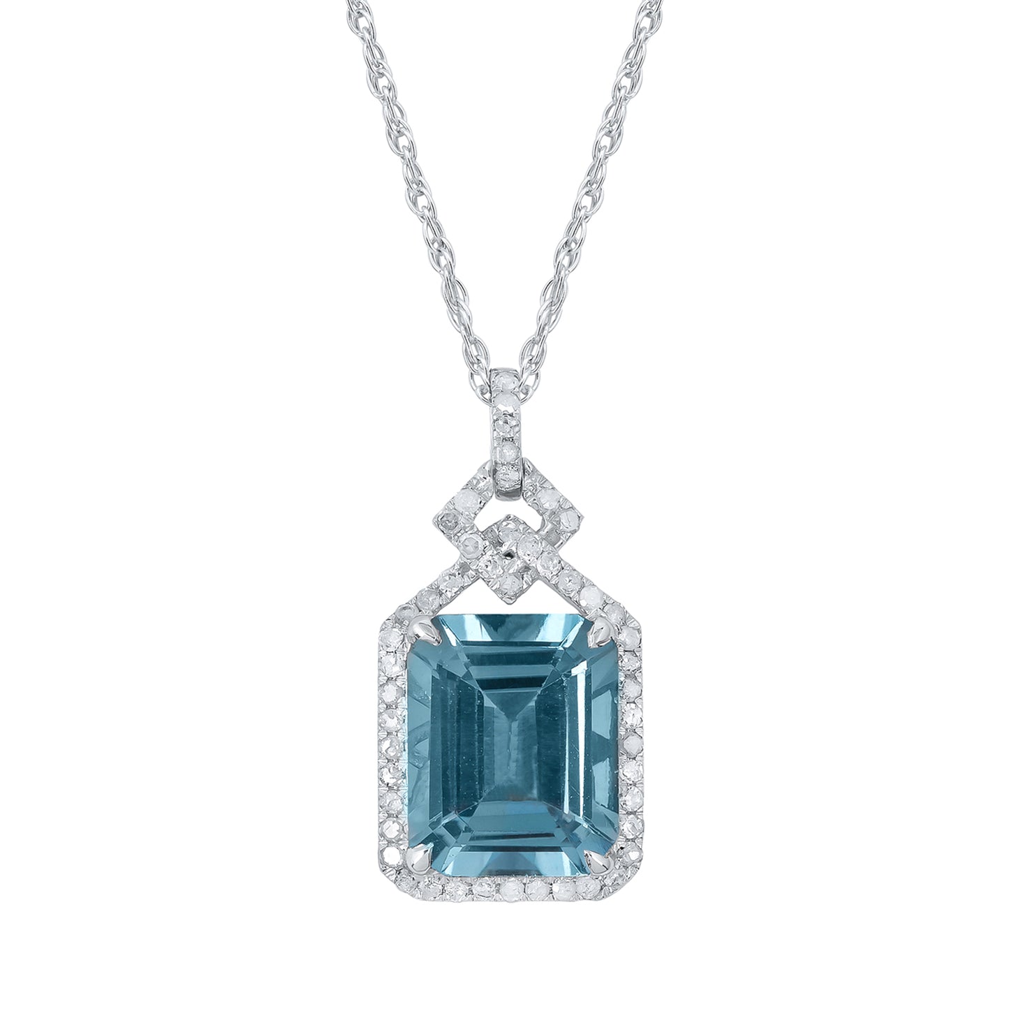 10k White Gold Emerald cut Blue Topaz and Diamond Halo Necklace