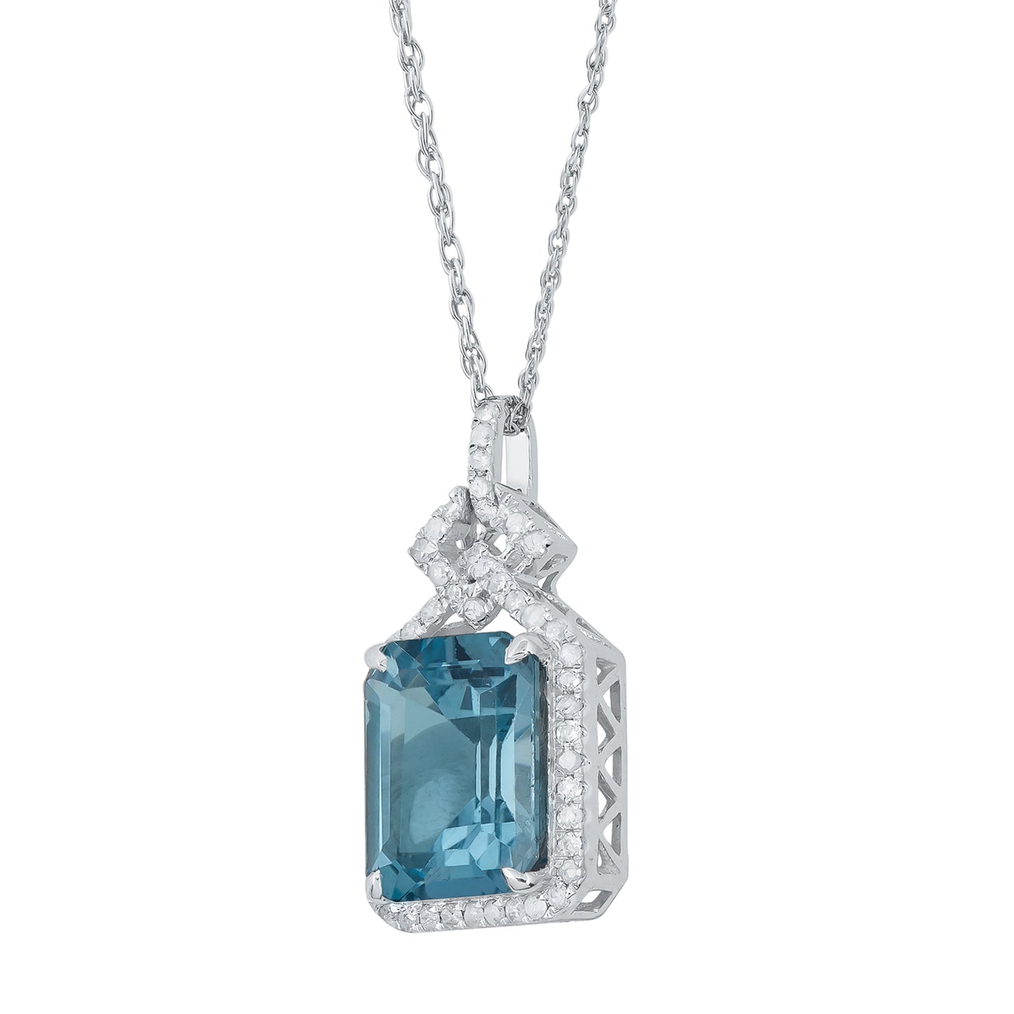 10k White Gold Emerald cut Blue Topaz and Diamond Halo Necklace