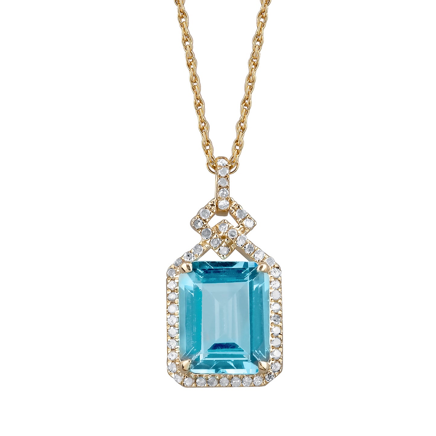 10k Yellow Gold Emerald cut Blue Topaz and Diamond Halo Necklace